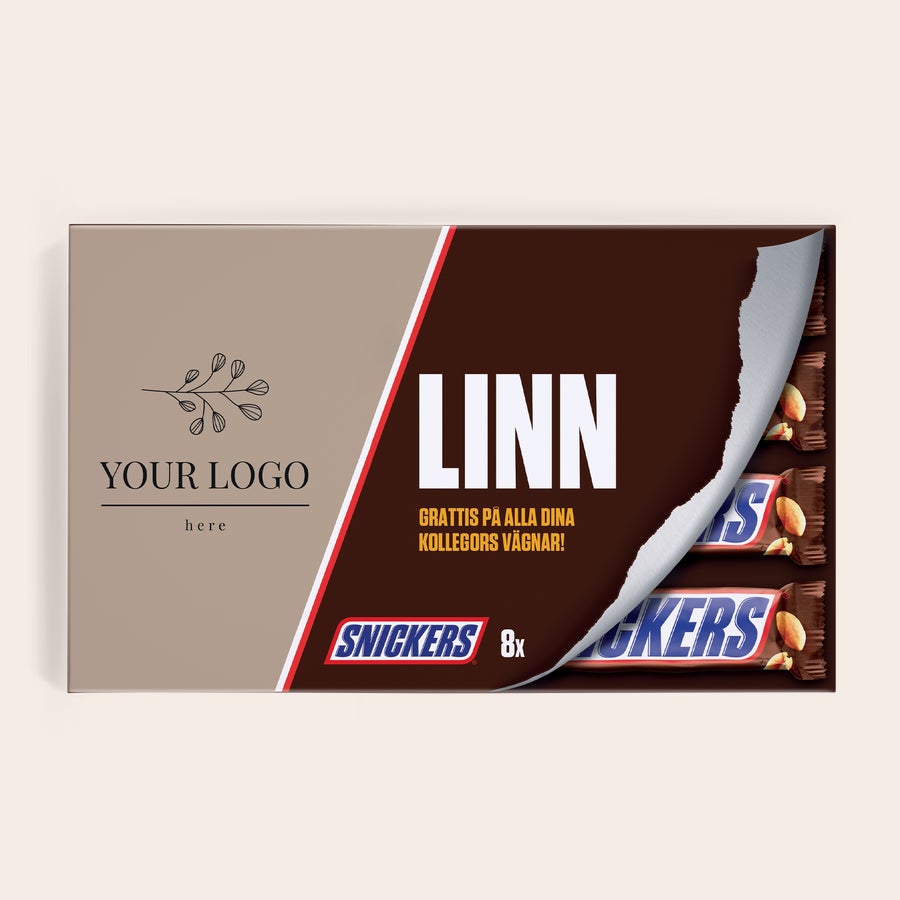 Snickers presentförpackning Personlig Snickers presentförpackning med Linn tryckt på och med texten "Grattis på alla dina kollegors vägnar!"