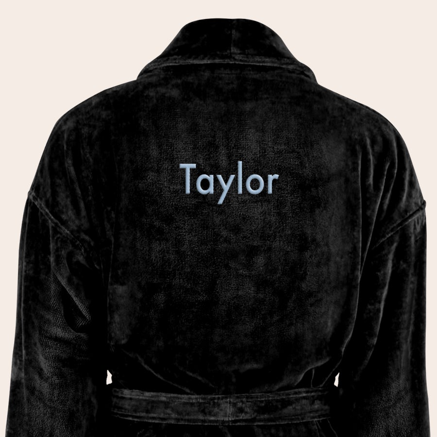 Accappatoio Donna Personalizzato Morbido accappatoio nero da donna ricamato con il nome Taylor in azzurro, ideale come accappatoio ricamato con il tuo testo o nome