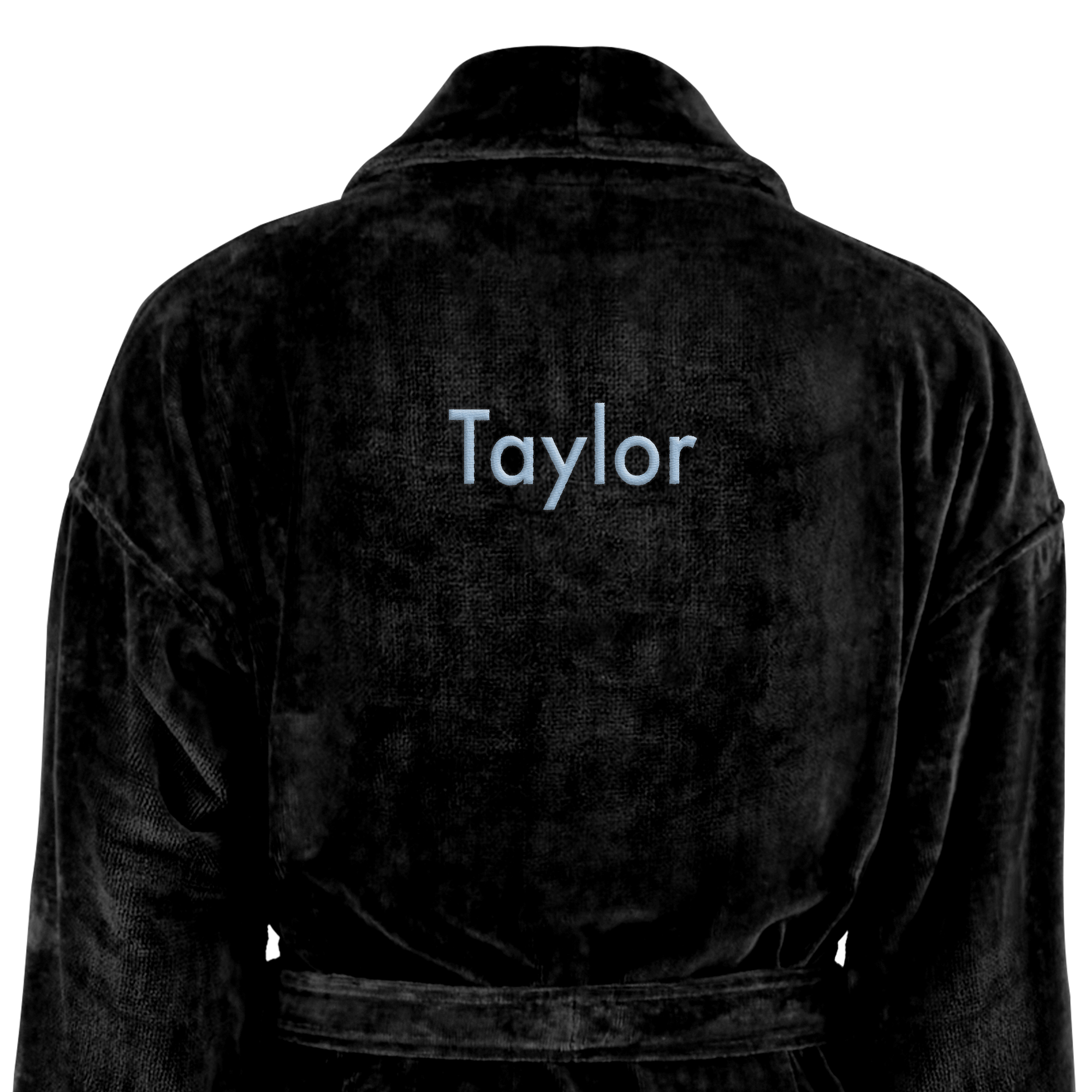 Soft black bathrobe embroidered with the name Taylor on the back, a perfect personalized gift