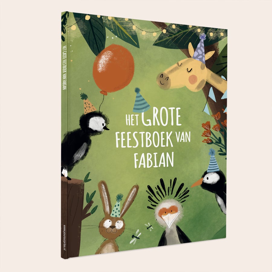 Boek Het grote feestboek personaliseren Boek met naam - Het grote feestboek - Hardcover met gepersonaliseerde titel zoals 'Het Grote Feestboek van Fabian' en feestelijke dierenillustraties.