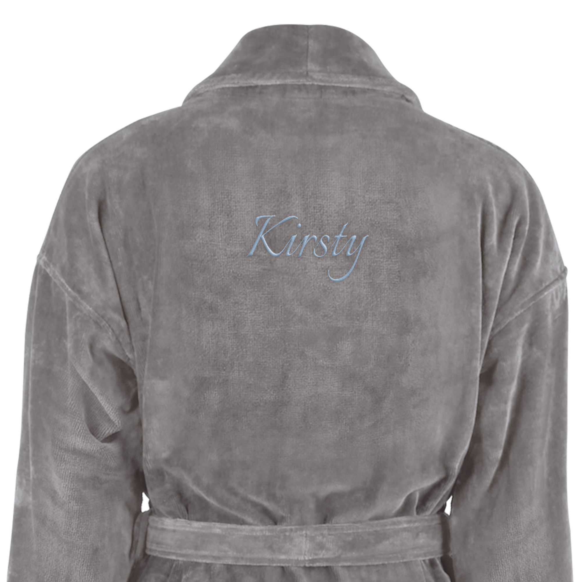 Morbido accappatoio ricamato con il nome Kirsty in blu chiaro, ideale per un regalo personalizzato.