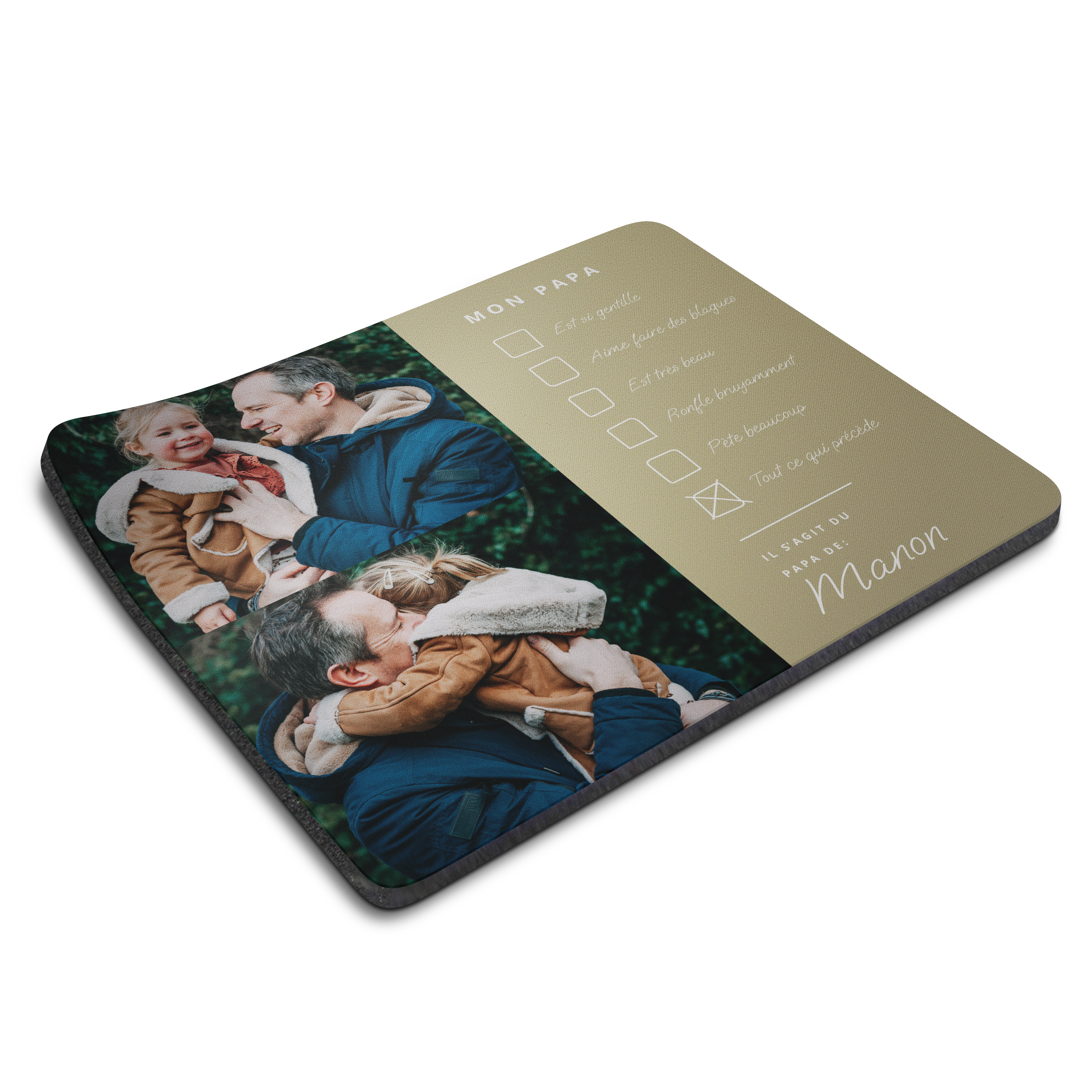 Tapis de souris personnalisé avec des photos d'un père et sa fille, et texte Mon papa Manon