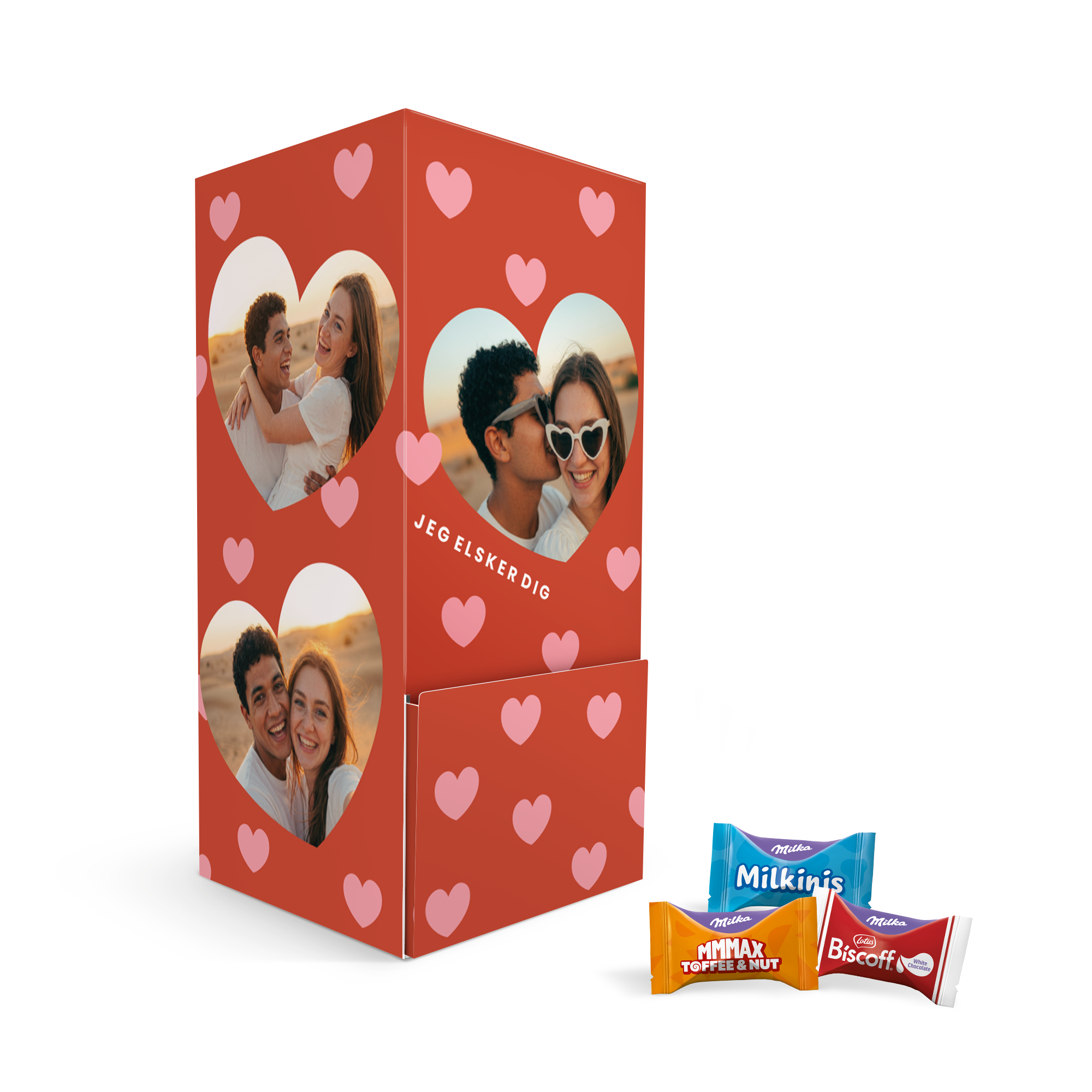 Personlig chokoladedispenser med Milka Favourites trykt med egne fotos og teksten jeg elsker dig på rød baggrund med hjerter