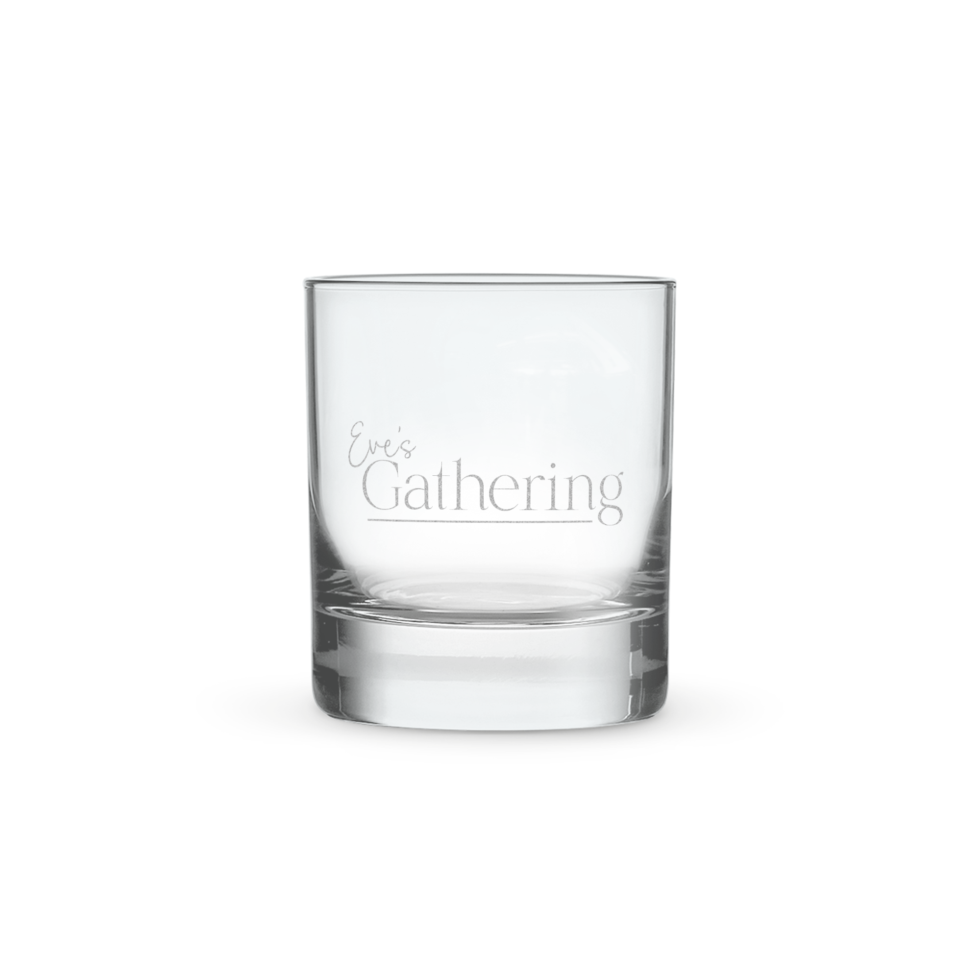 Personligt graverat tumblerglas med texten "Eve's Gathering", perfekt för att överraska nära och kära.