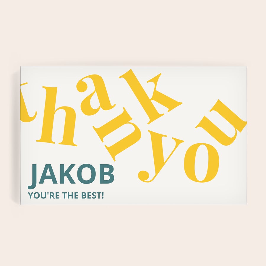 Personlig Mars gaveeske Personlig Mars gaveeske, trykt med navn Jakob og teksten You're the best!, og takk-motiv.