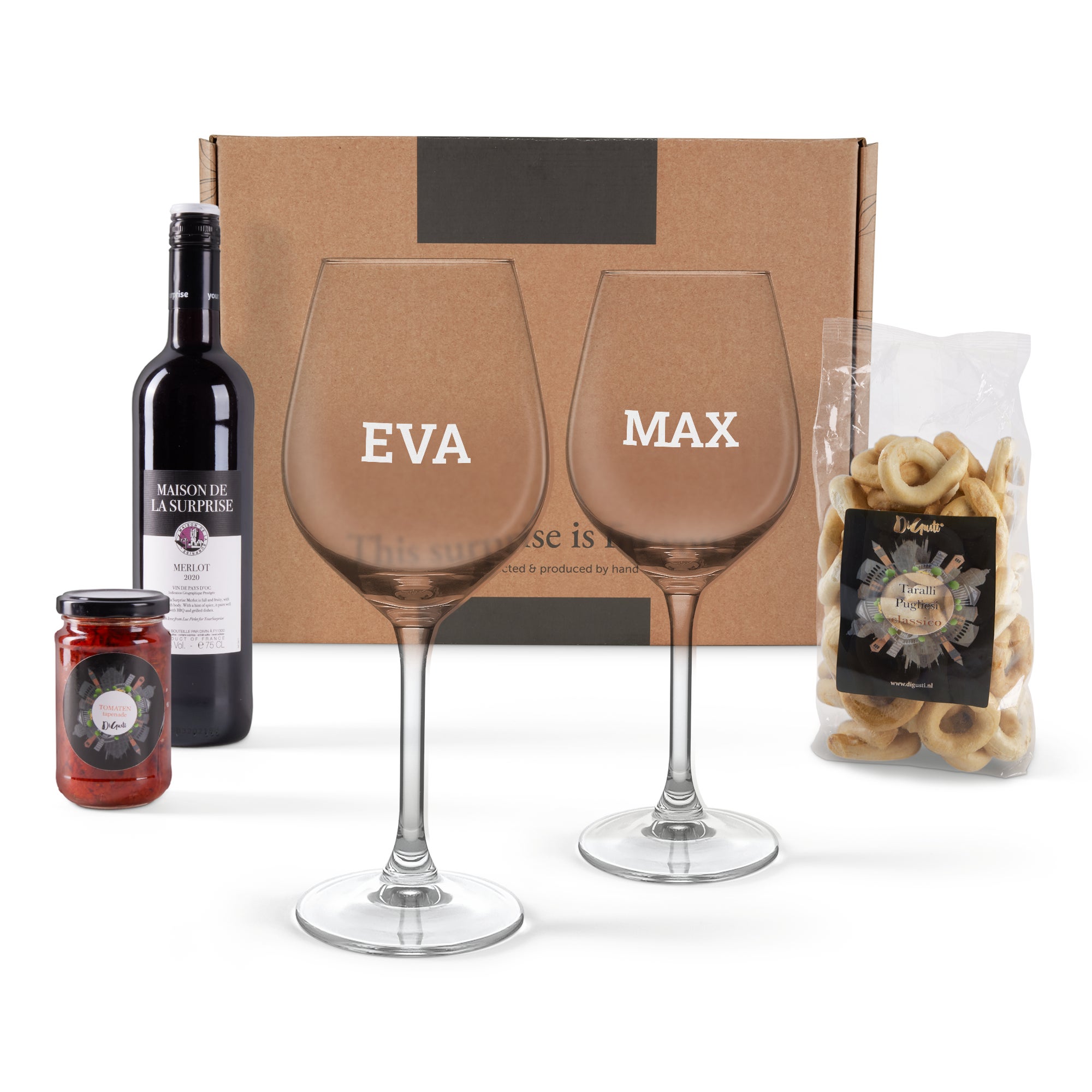 Präsentbox mit Wein, gravierten Gläsern Snacks  - Onlineshop YourSurprise