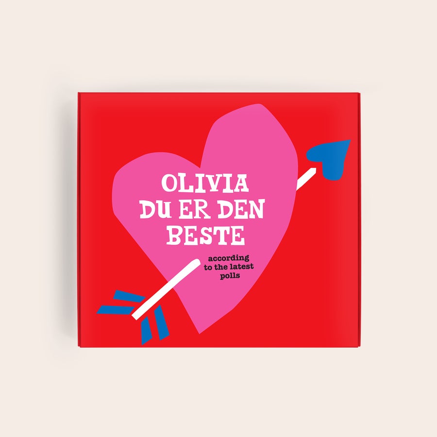 Tony's Chocolonely gaveæske En personlig overraskelse: Tony's Chocolonely gaveeske med kjærlighetstema og navnet "Olivia" trykt på.