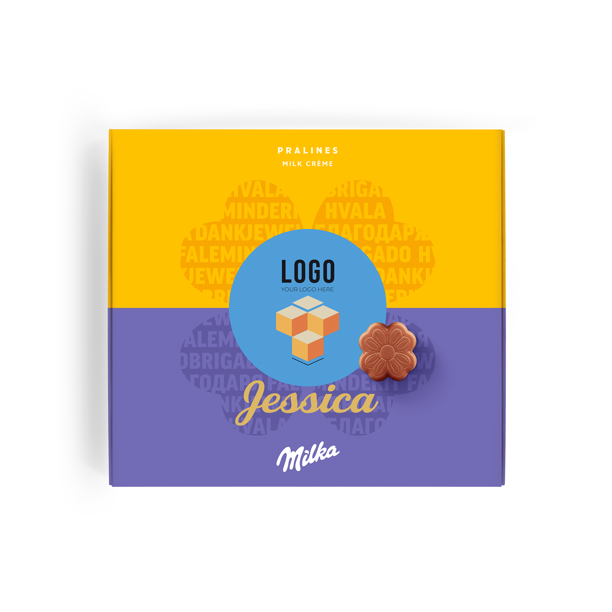 Gepersonaliseerde Say it with Milka giftbox met foto, naam Jessica en bloemvormige chocola.