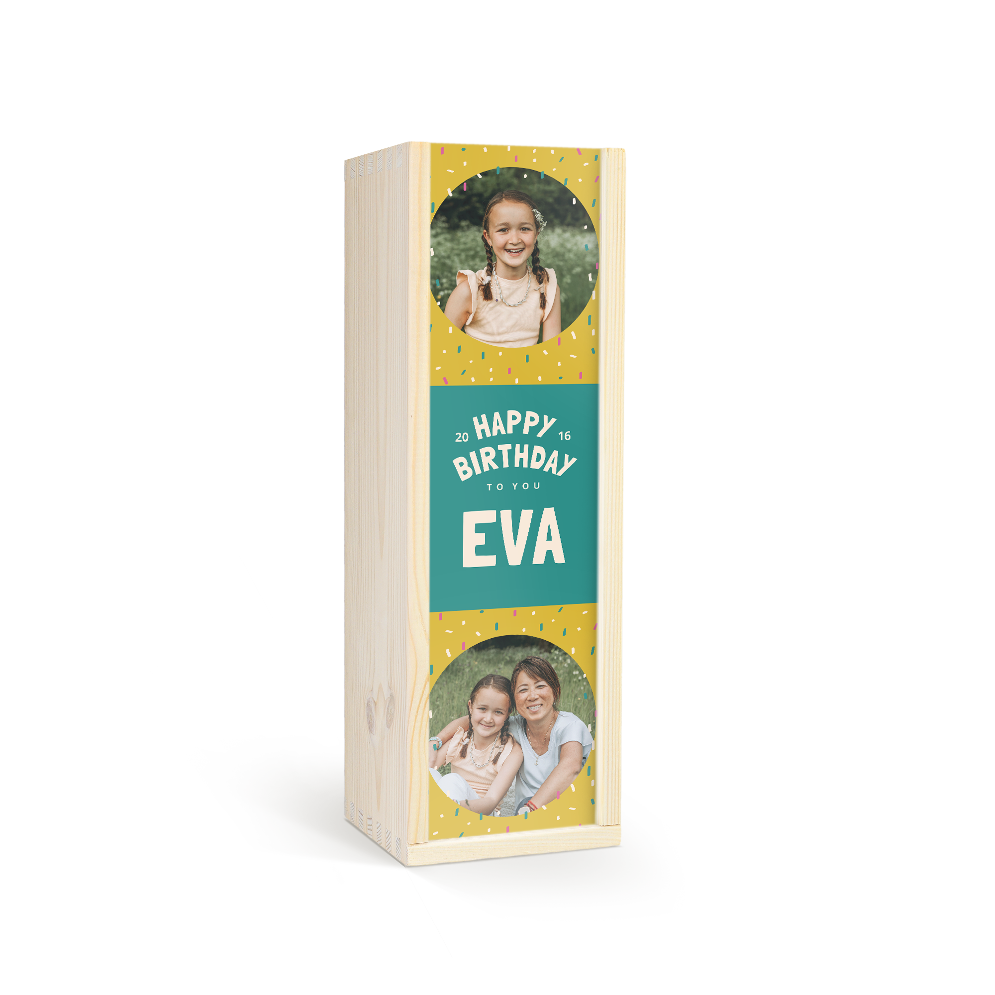 Personalized non-alcoholic children's champagne bottle in a wooden case, printed with photos and happy birthday text