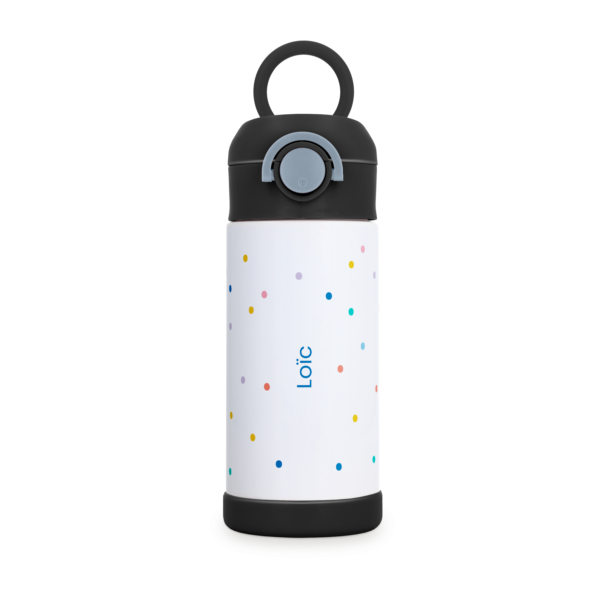 Gourde en acier inoxydable personnalisée pour enfants, imprimée avec des pois colorés et le prénom Loïc