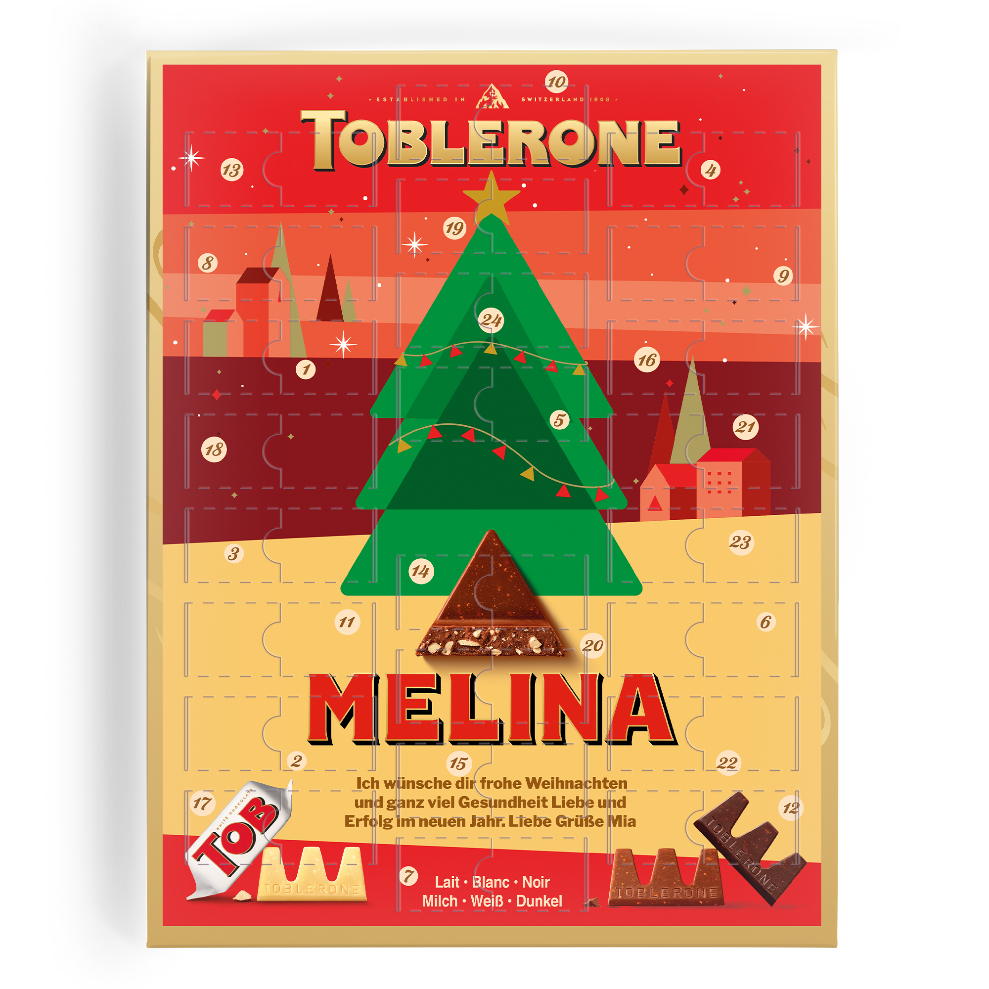 Personalisierter Adventskalender mit Toblerone, bedruckt mit dem Namen Melina und einer Weihnachtsbotschaft.