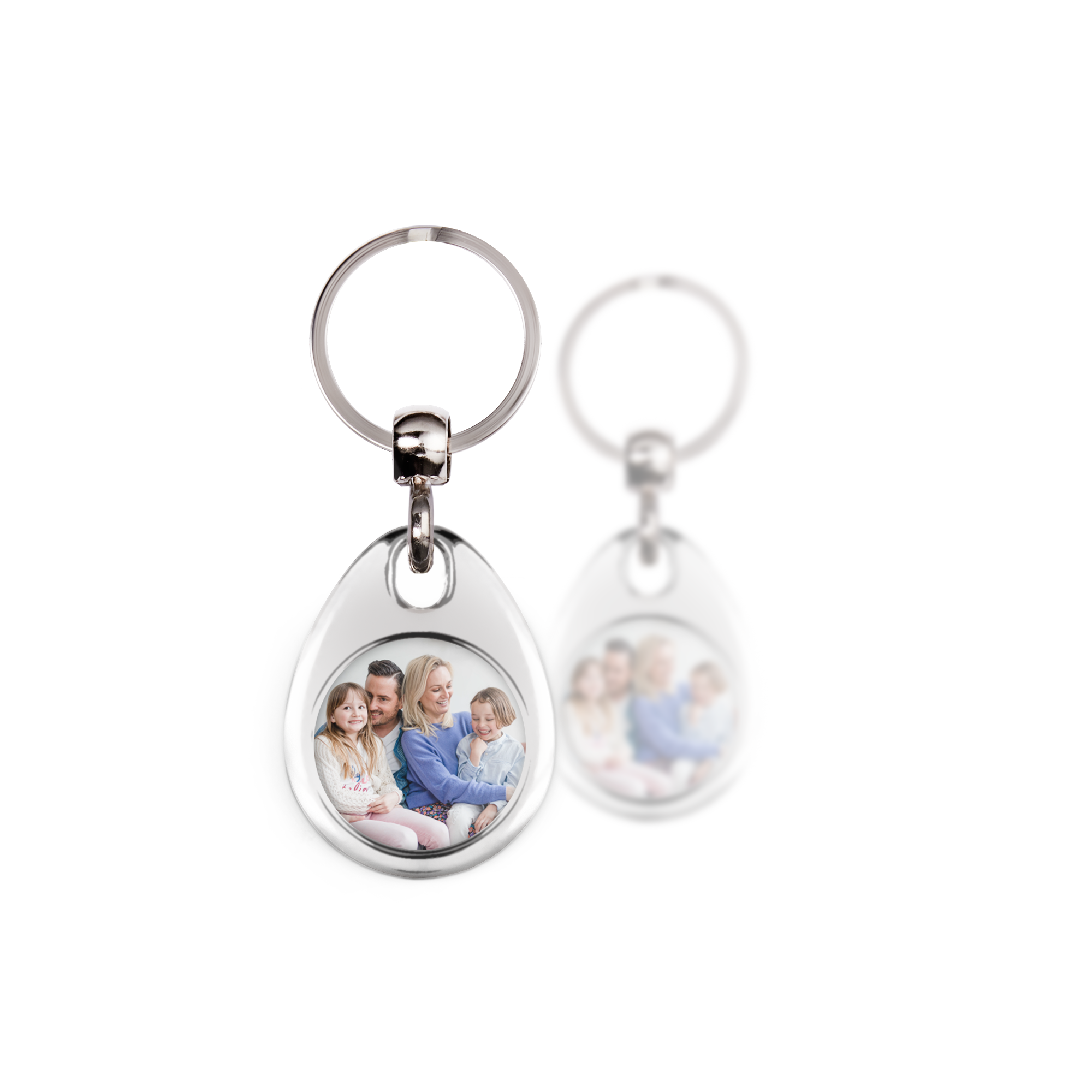 Porte-clé photo en inox avec impression recto-verso personnalisée d'une famille souriante