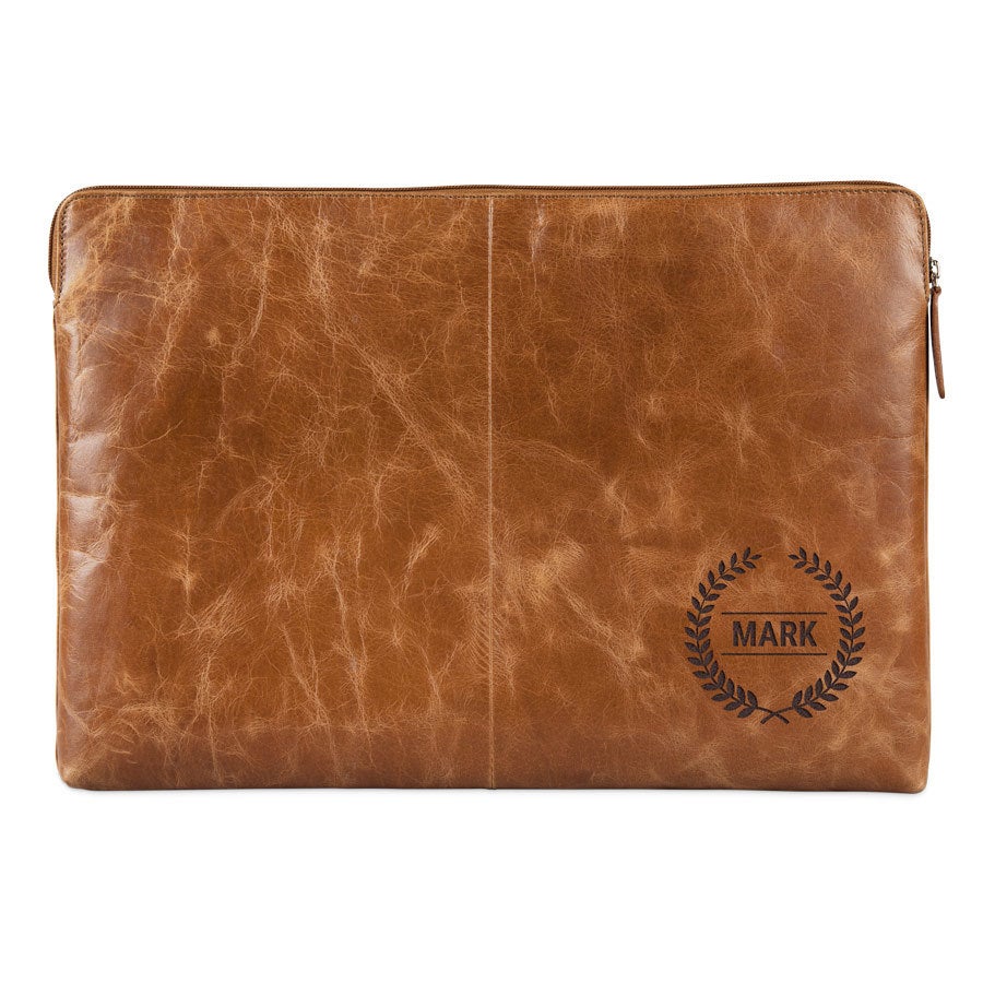 Engraved leather laptop sleeve