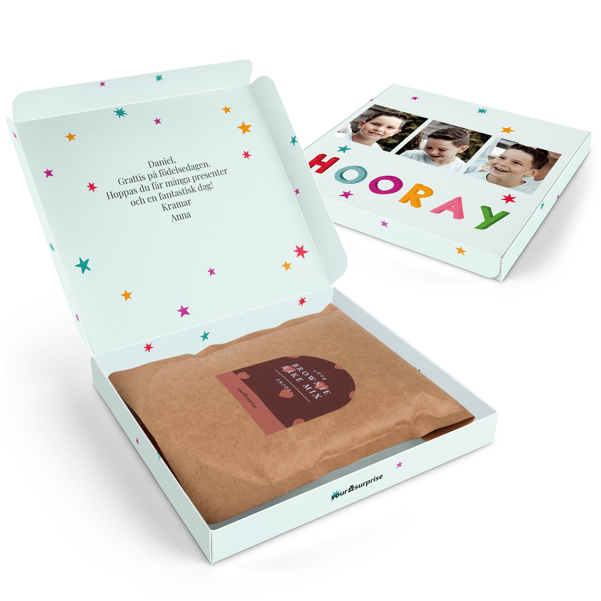 Personlig presentbox med brownie-bakmix, tryckt med ett foto, meddelande Grattis på födelsedagen och texten Hooray.