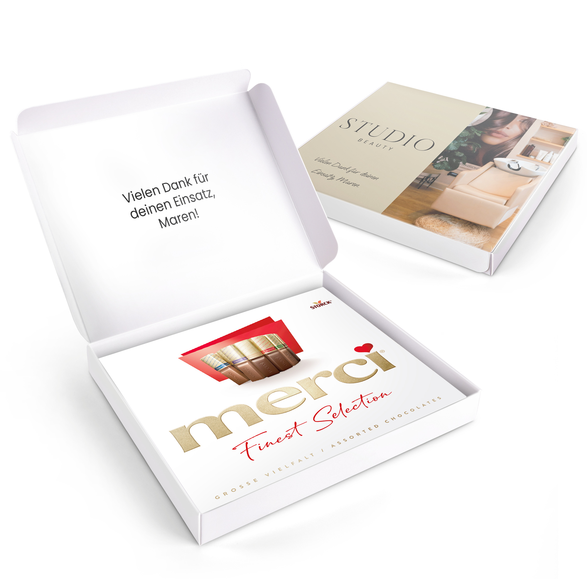 Personalisierte Merci Schokolade 250 Gramm mit eigener Botschaft und Foto.