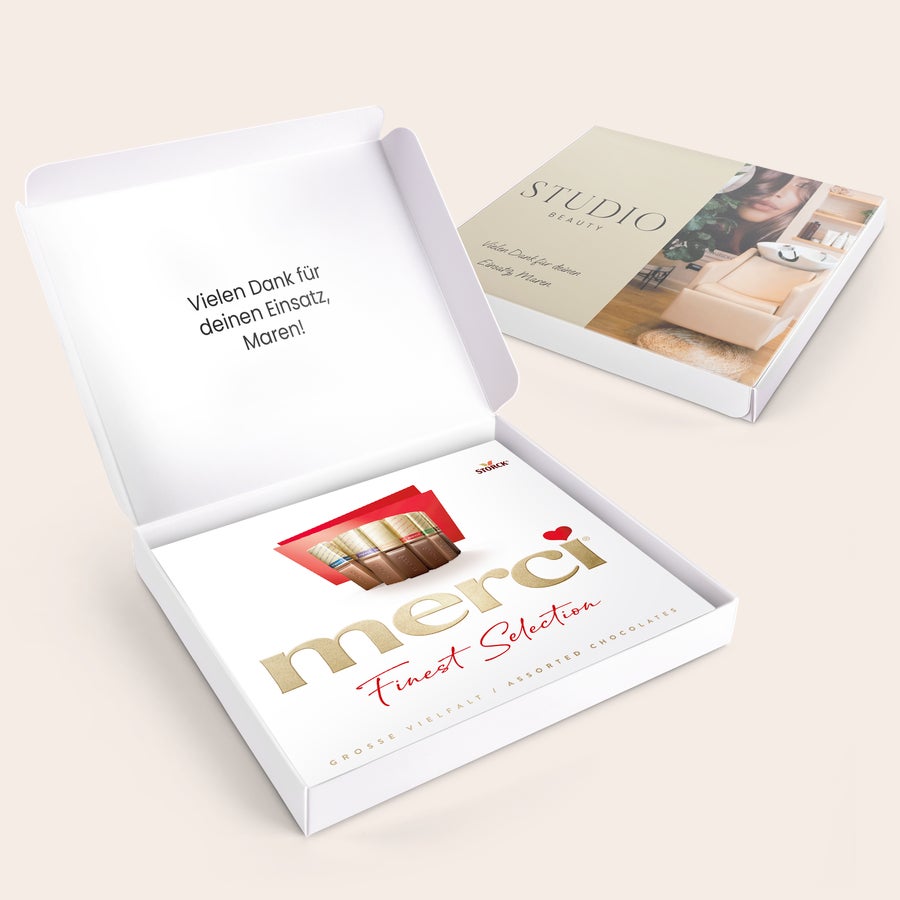 Merci Schokolade Personalisieren- 250 Gramm Personalisierte Merci Schokolade 250 Gramm mit eigener Botschaft und Foto.