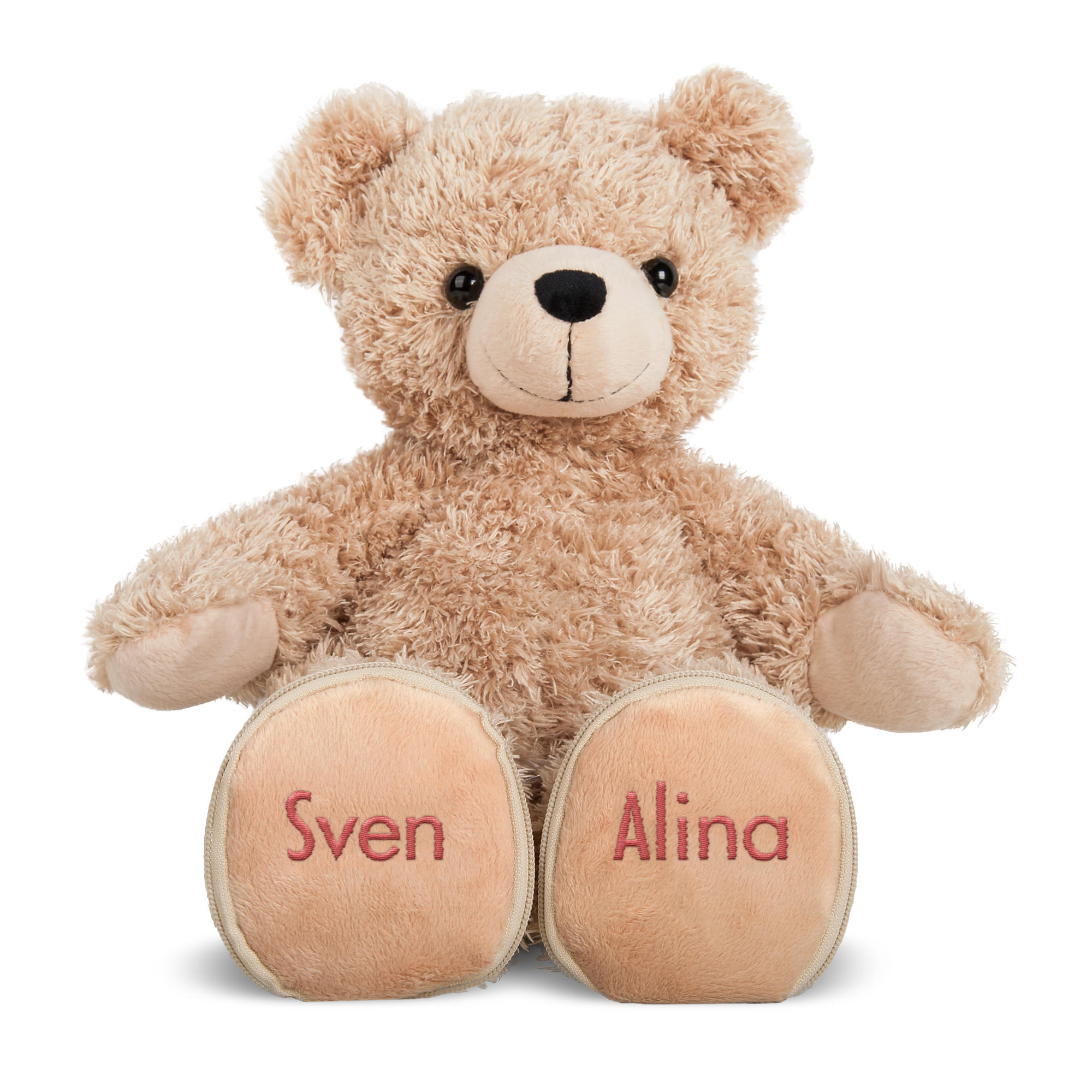 Teddybär mit Namen Sven und Alina auf den Füßen gestickt, perfekt zum Kuscheln