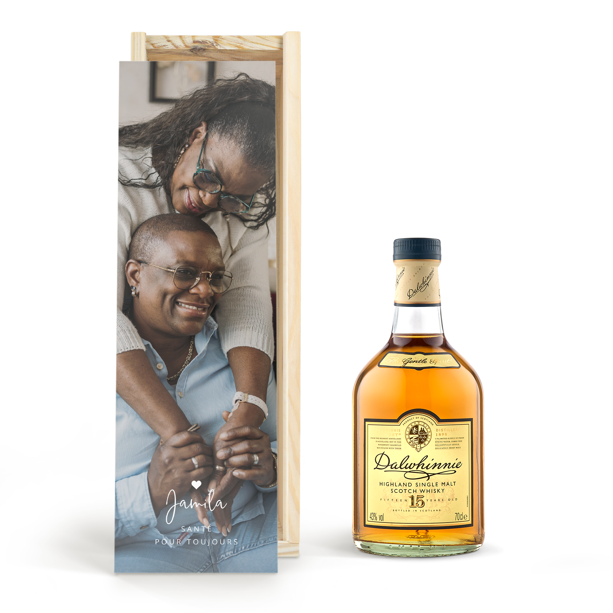 Bouteille de Whisky Dalwhinnie 15 ans et caisse en bois personnalisée avec photo et texte Santé pour toujours