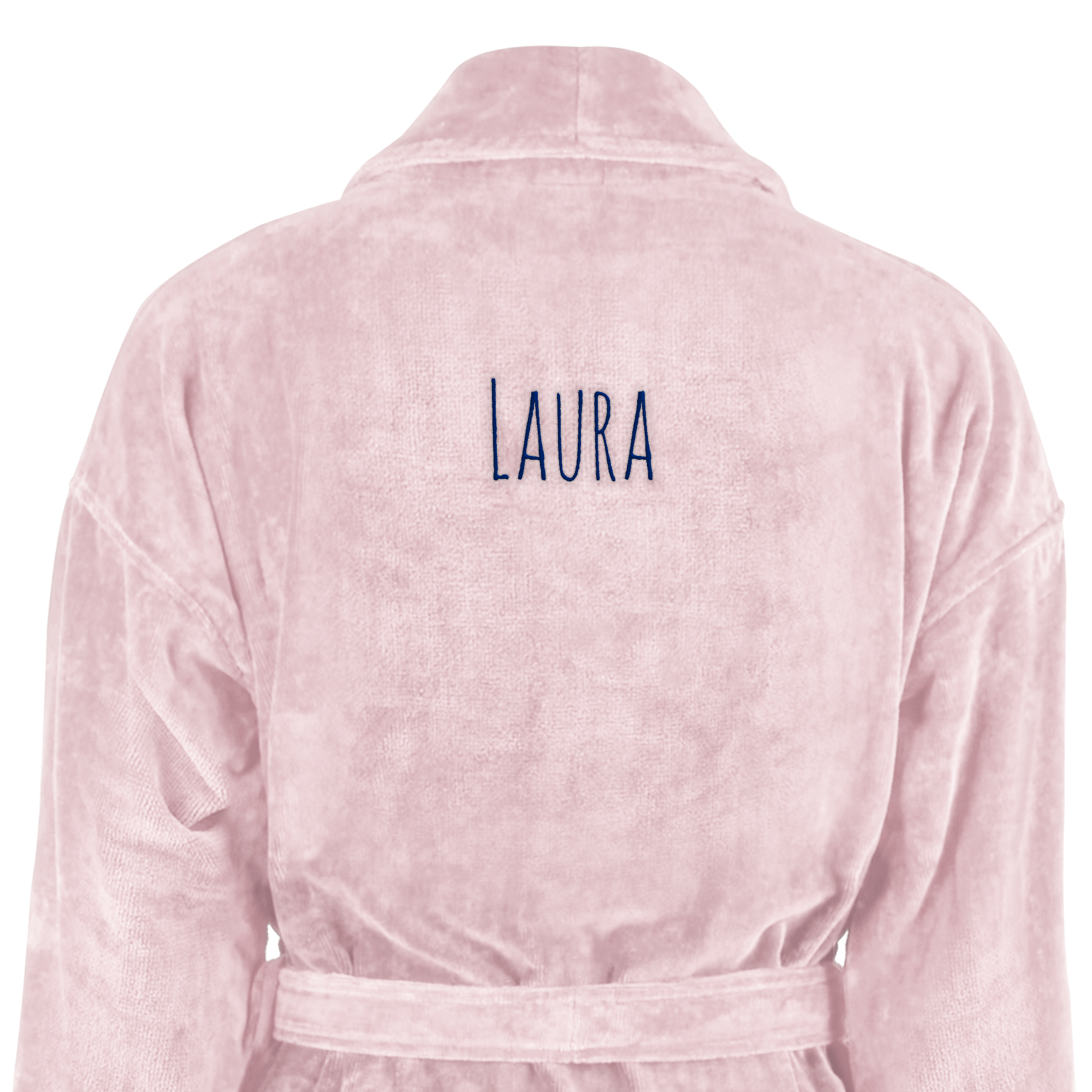 Lyserød luksus morgenkåbe til damer med broderet navn "LAURA" i mørkeblå på ryggen.