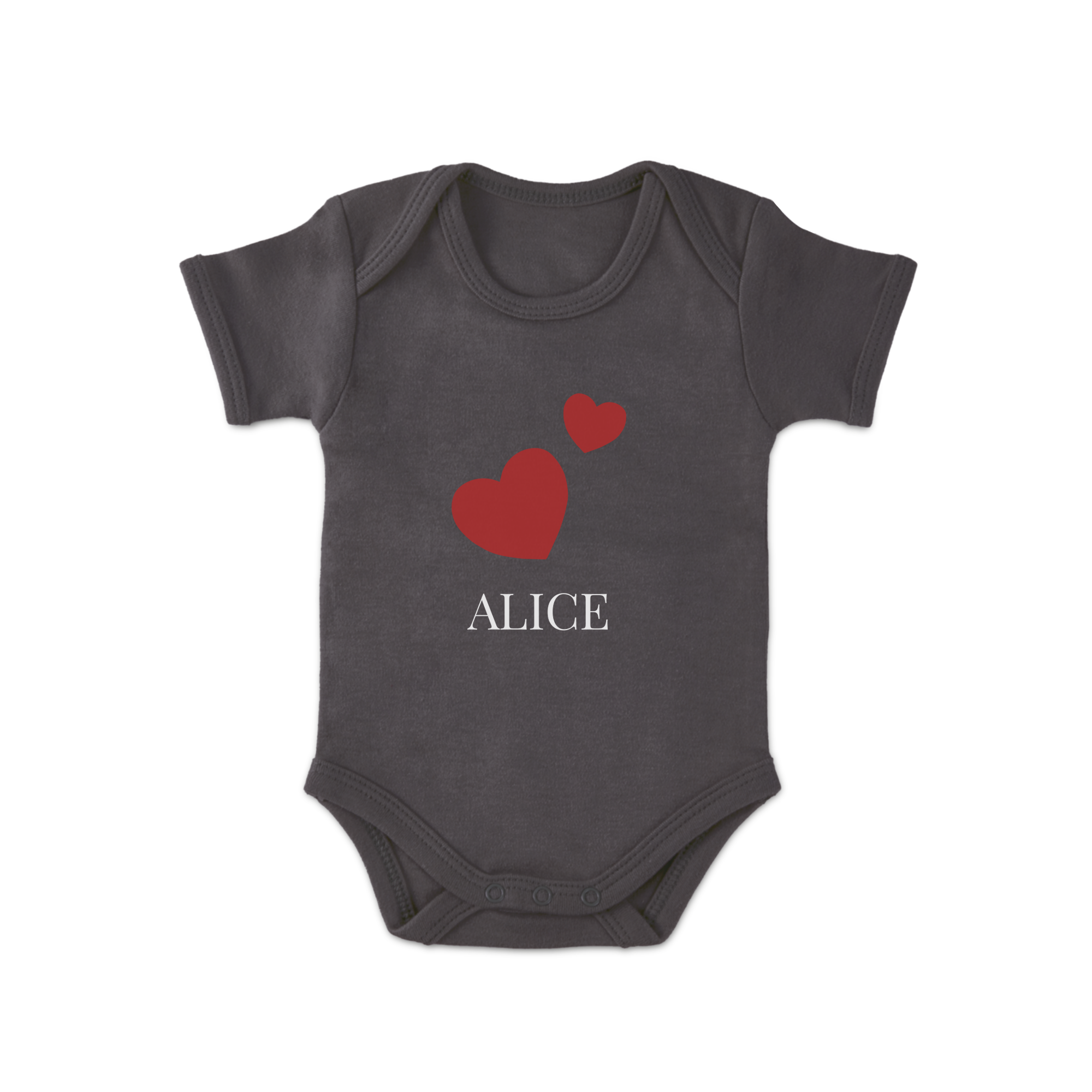 Body gris pour bébé imprimé de cœurs rouges et du prénom ALICE. Créez votre propre body personnalisé pour bébé.