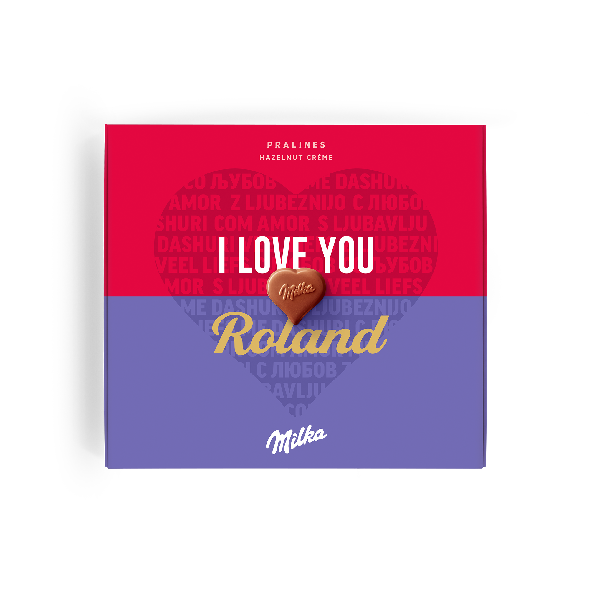 Personalisierte Milka Pralinen Box in Rot und Lila, bedruckt mit dem Namen "Roland" und "I LOVE YOU", für Überrasche deine Liebsten mit personalisierten Milka Pralinen!
