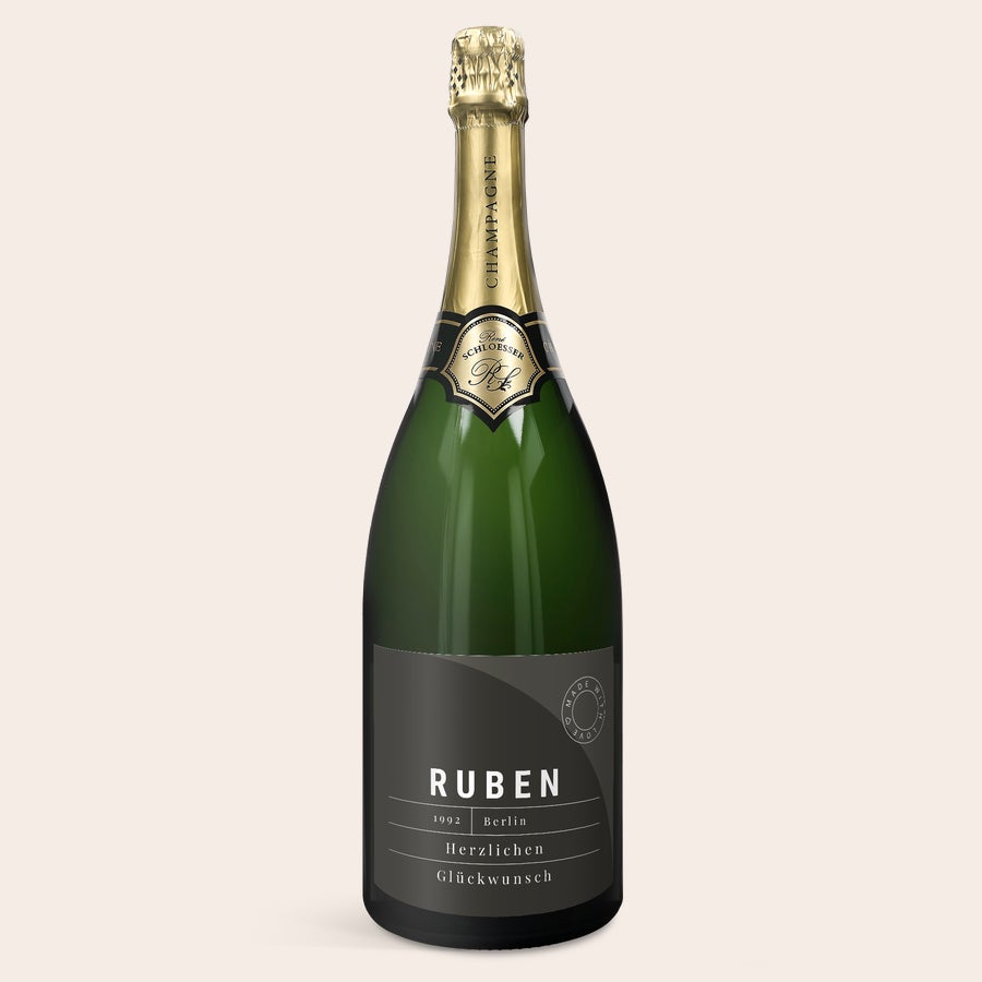 Magnum Champagne René Schloesser Magnum Personalisierte Magnum Flasche Champagner René Schloesser mit bedrucktem Etikett RUBEN 1992 Berlin Herzlichen Glückwunsch für jeden Anlass