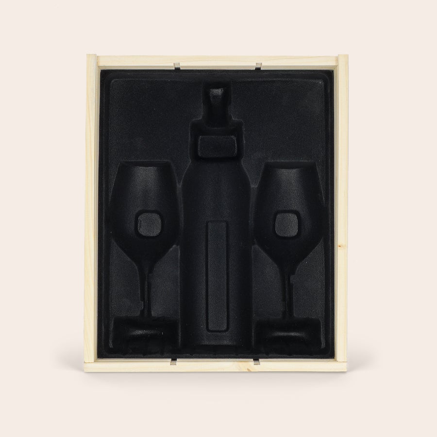 Valigetta in legno personalizzata Lussuosa custodia in legno con interno sagomato nero per una bottiglia di vino e 2 bicchieri, personalizzabile con incisione