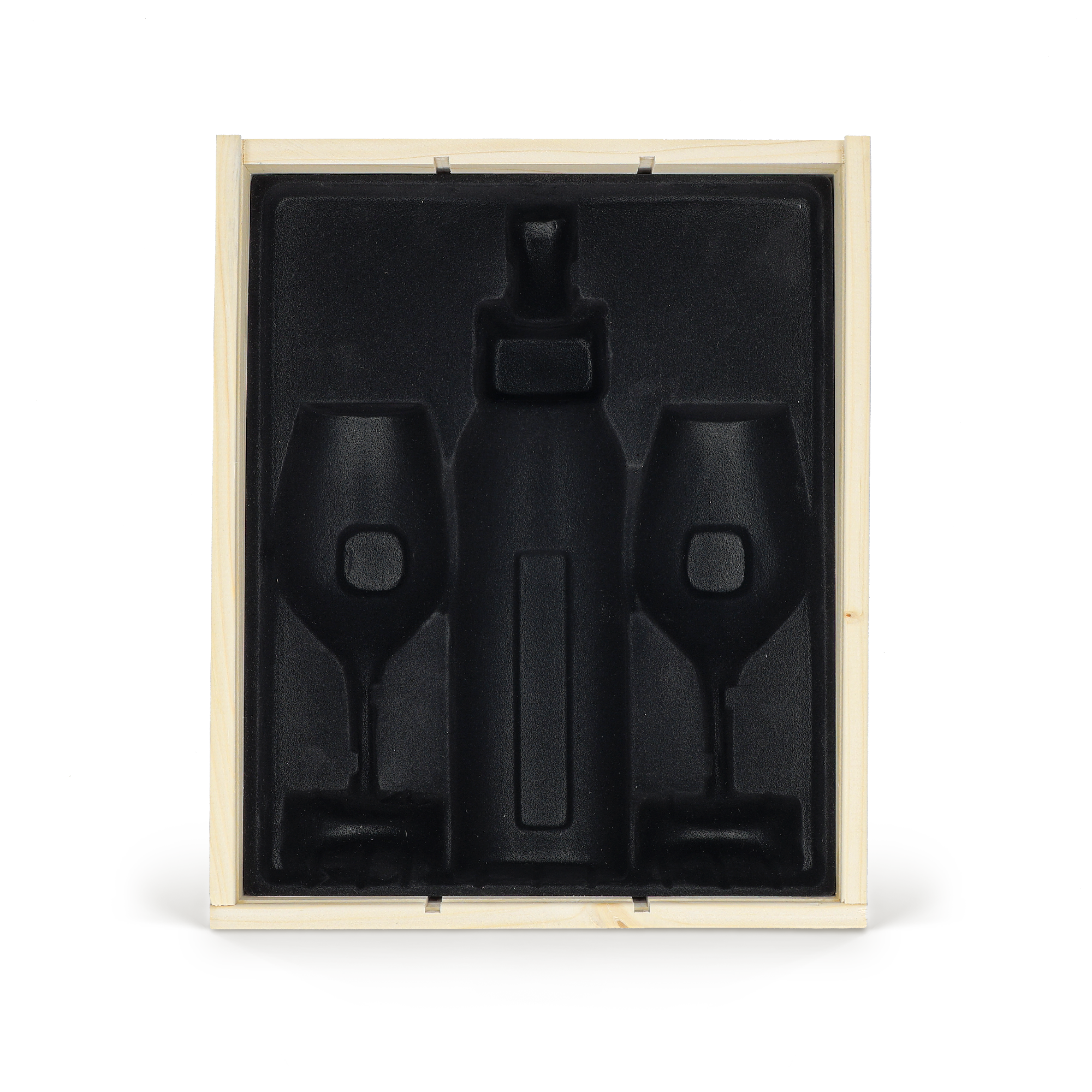 Coffret de luxe en bois avec intérieur noir pour une bouteille et 2 verres à vin personnalisable