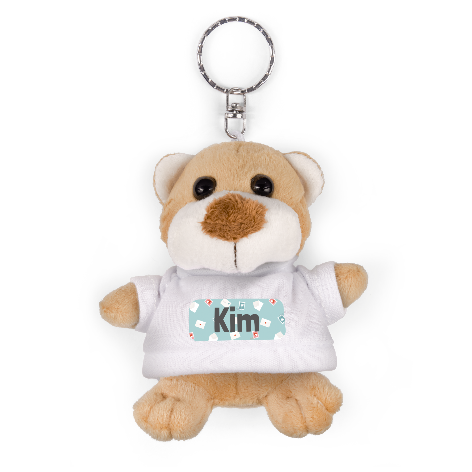 Schlüsselanhänger Teddy mit weißem T-Shirt und dem aufgedruckten Namen Kim