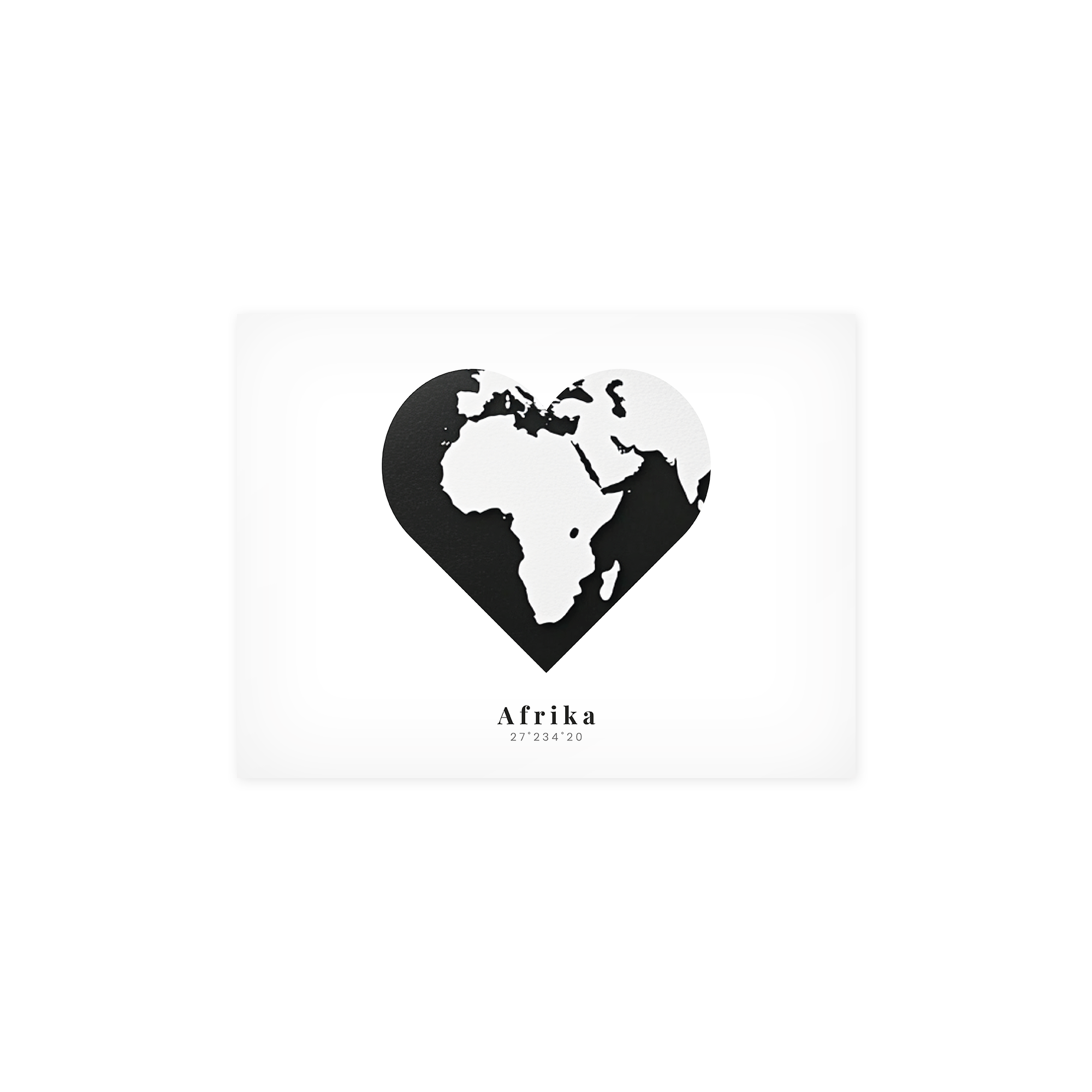 Poster personnalisé noir et blanc Afrika en forme de cœur avec le nom Afrika et les coordonnées 27°23420 imprimés