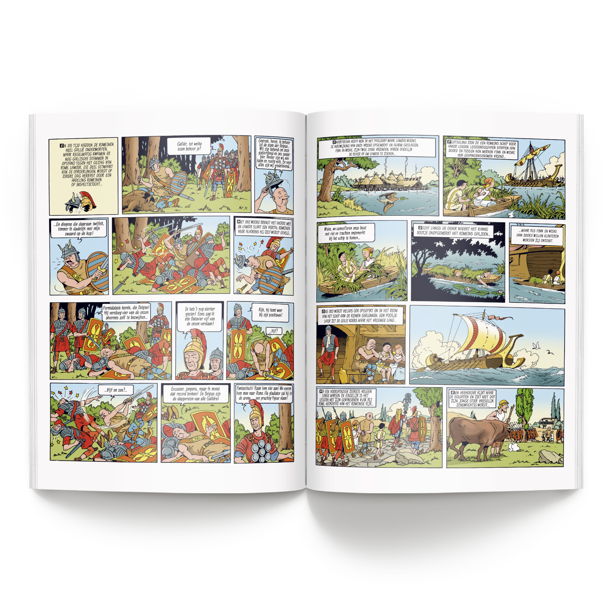 Persoonlijk Suske en Wiske softcover stripboek Het geheim van de gladiatoren, gepersonaliseerd met eigen tekst en naam, toont open pagina's met tekeningen.