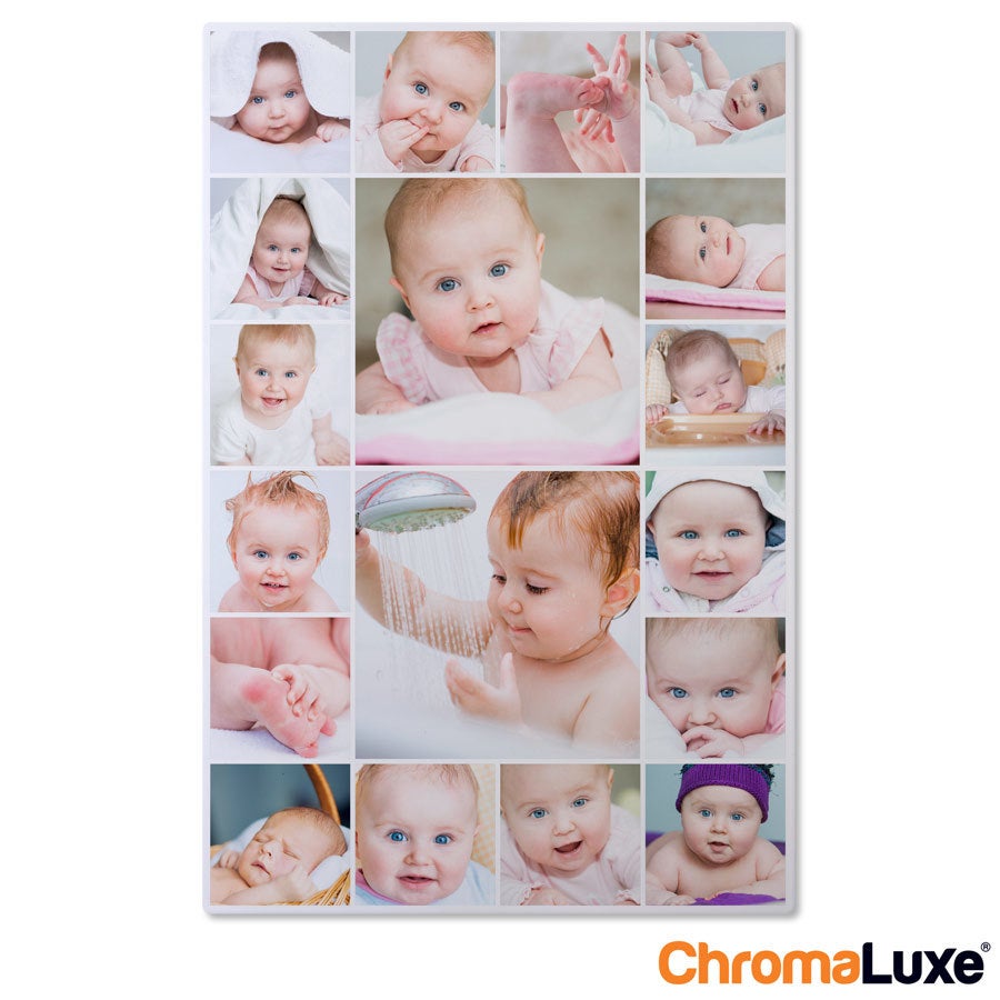 Alumiininen Instagram-kuvakollaasi, jossa on painettuina useita vauvakuvia ja Chromaluxe-logo