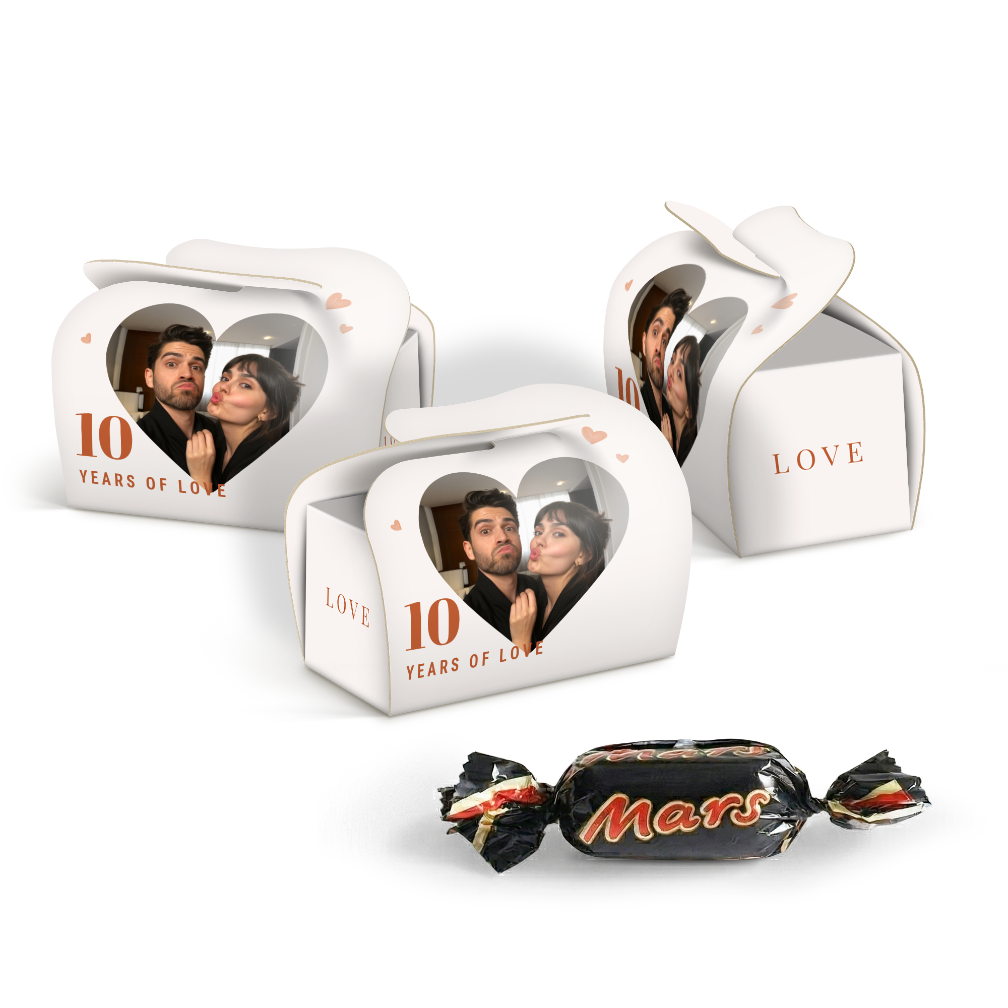 Gepersonaliseerde doosjes voor 3 Mars repen, bedrukt met eigen foto en tekst 10 Years of Love