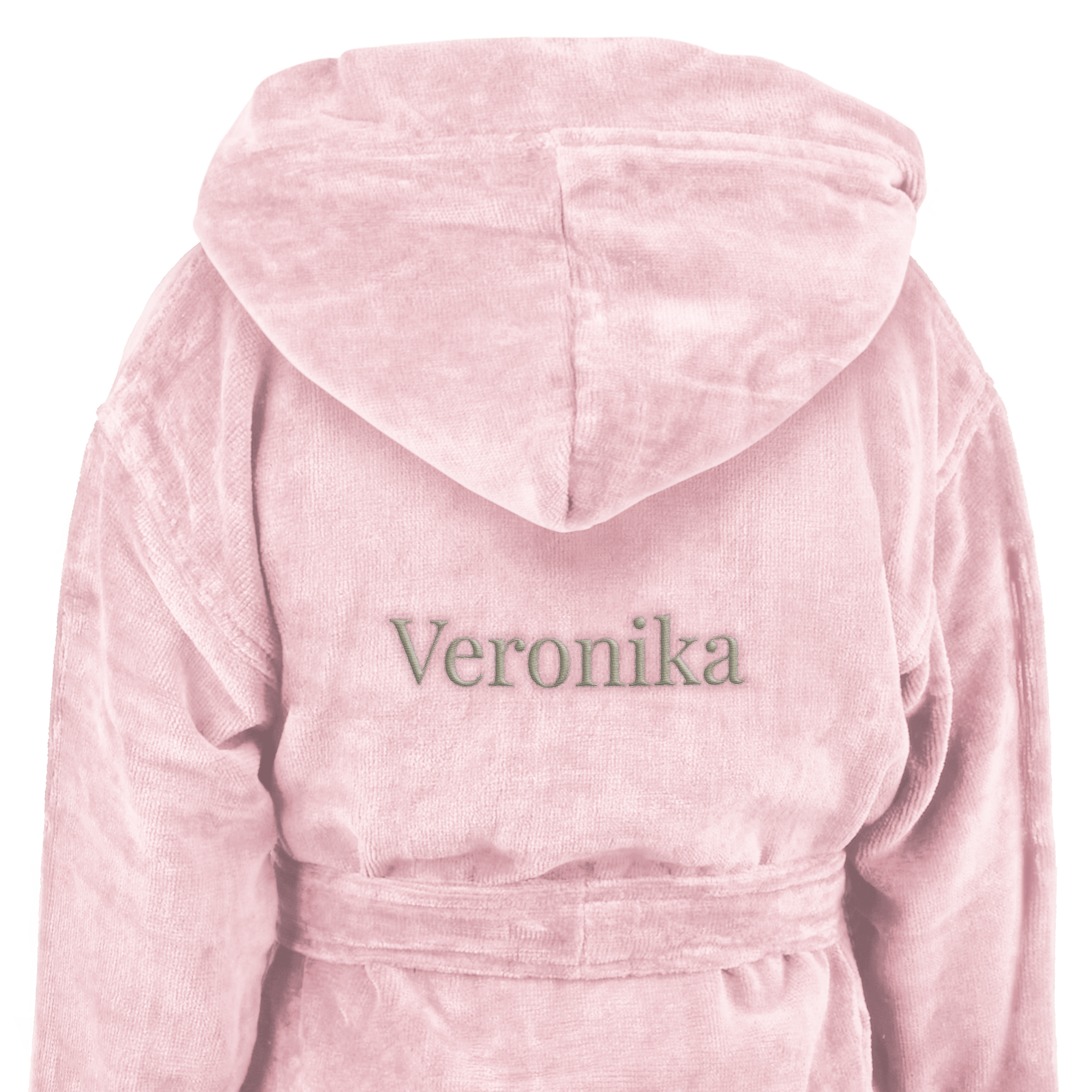 Rosa Kinderbademantel mit Kapuze und gesticktem Namen Veronika. Überrasche deinen Mini mit einem superweichen Kinderbademantel mit Namen.