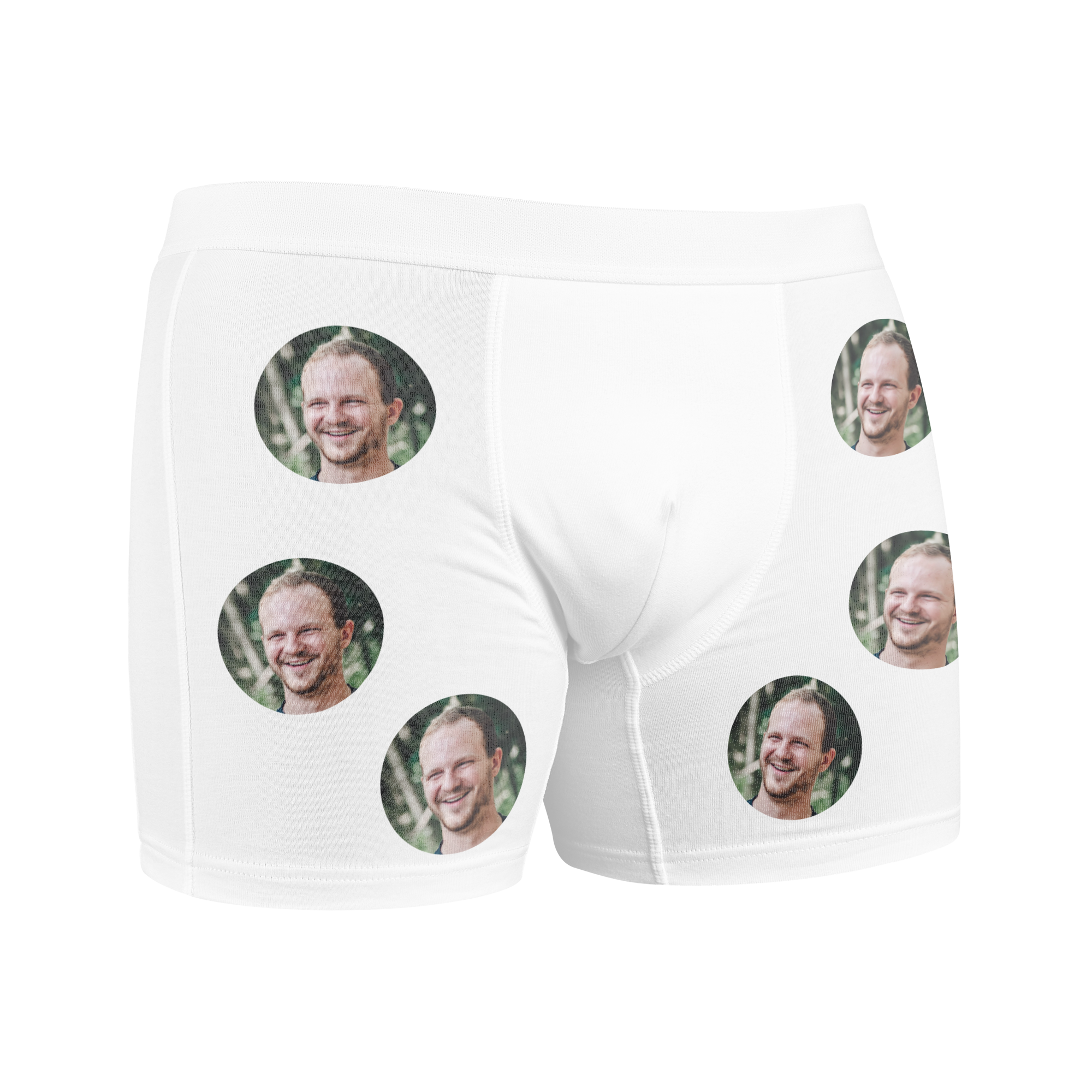 Bílé pánské boxerky s potiskem fotografie muže s úsměvem, personalizovaný boxer s fotkou.