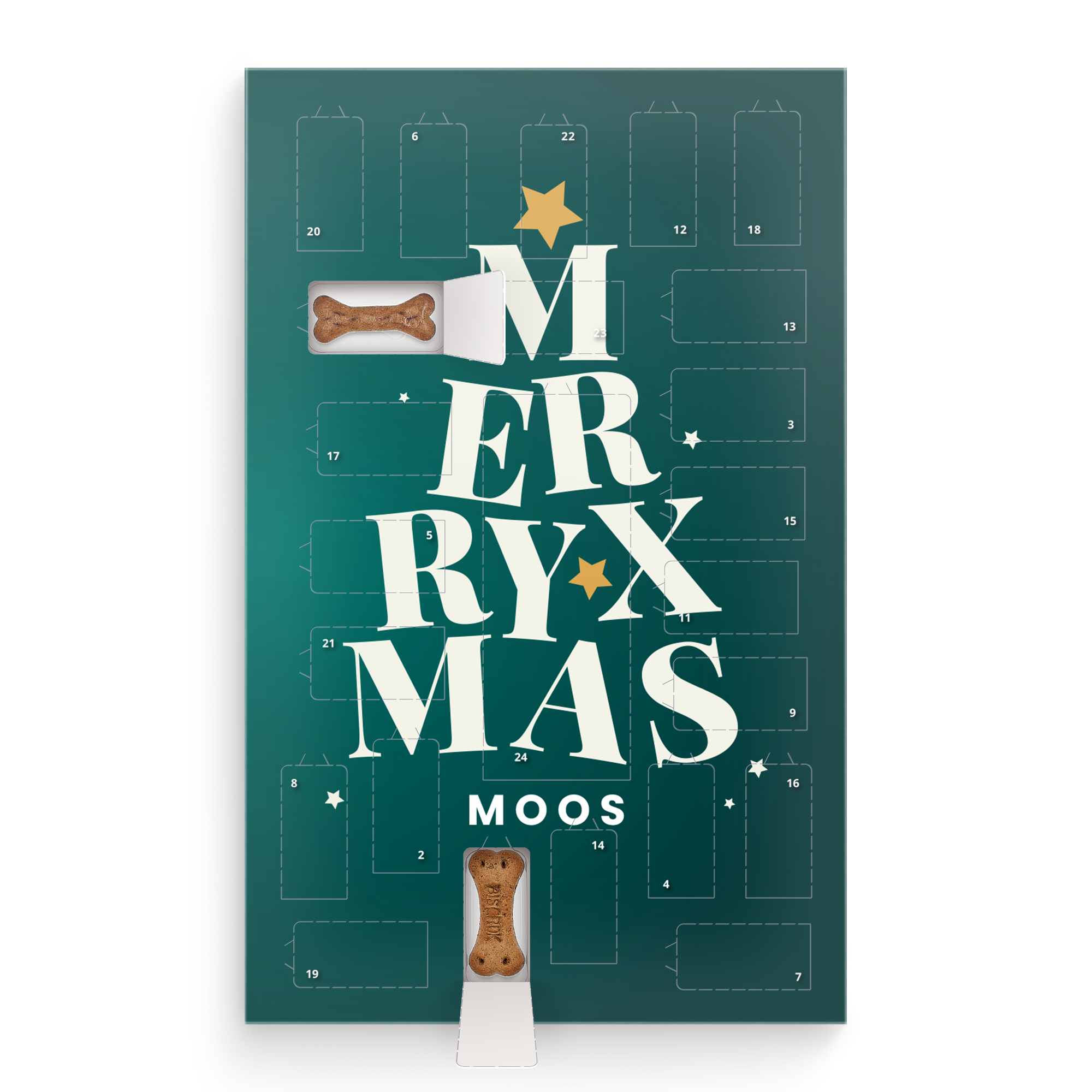Calendário do advento personalizado para cães com "Merry Xmas Moos" impresso e biscoitos de osso visíveis