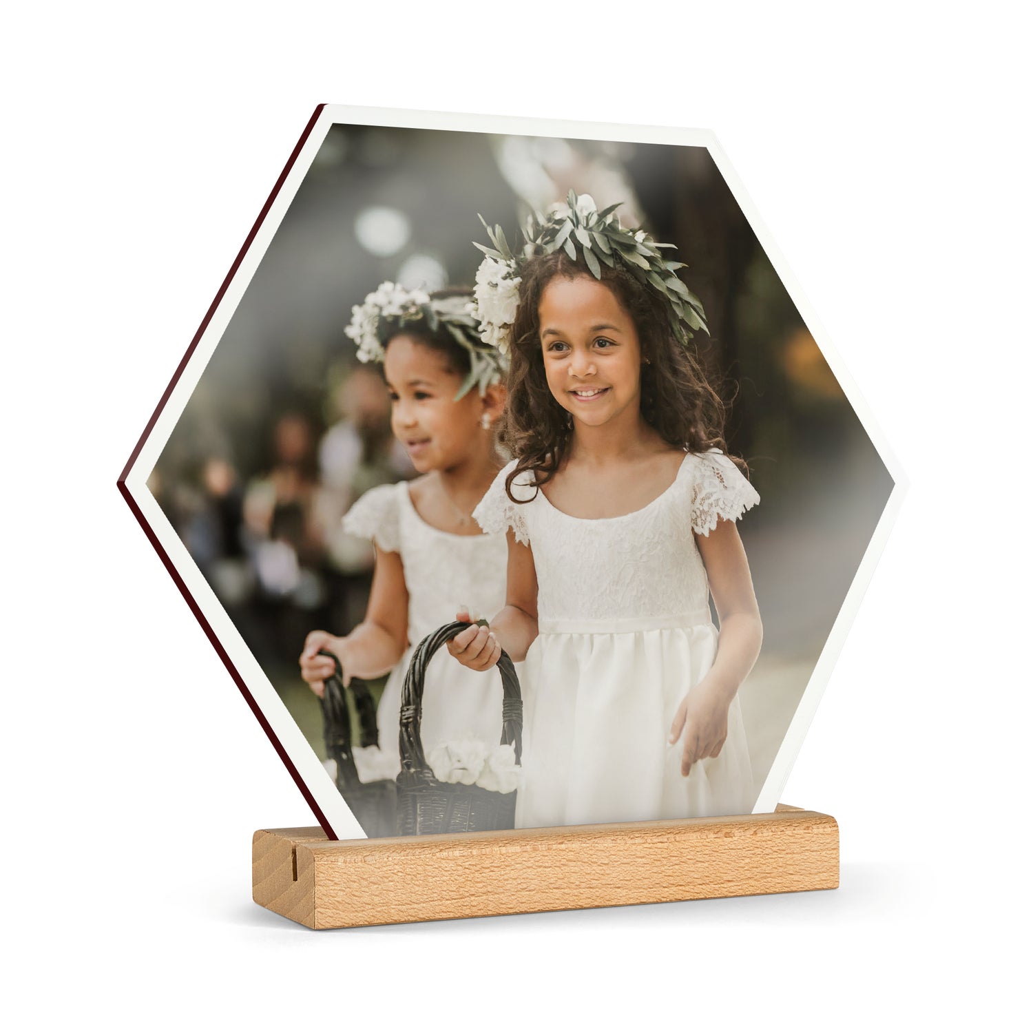 Drewniana p�ytka fotograficzna z nadrukiem i podstawk� - sze�ciok�t