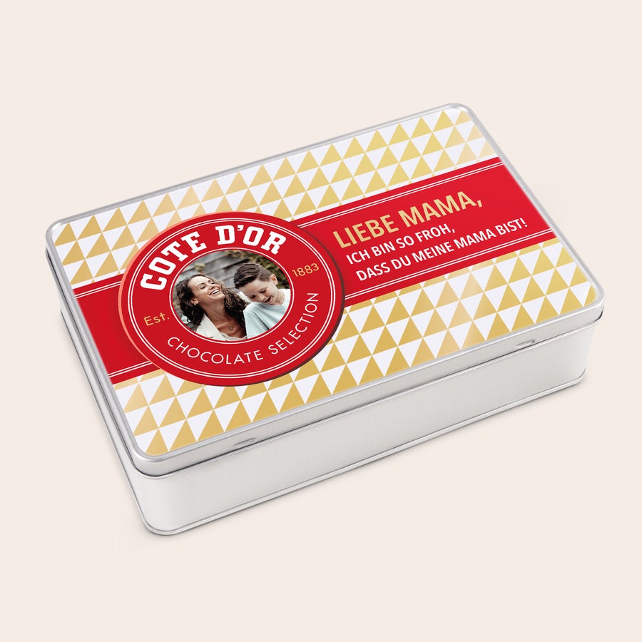 Geschenkbox gestalten - Côte d’Or Personalisierte Geschenkdose mit Côte d’Or Schokolade mit Foto und Widmung "Liebe Mama" bedruckt
