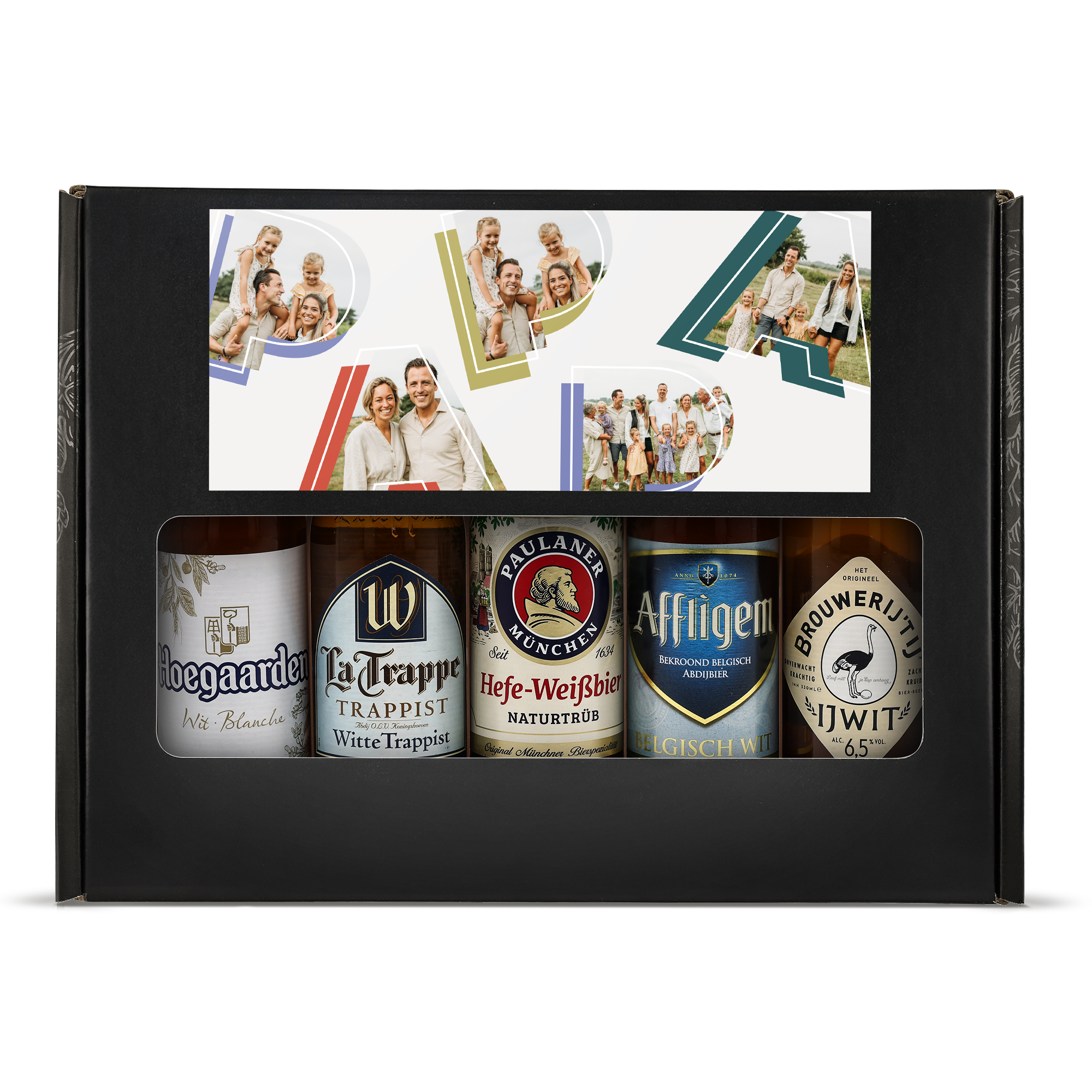 Personligt ölpresentset Weizen i svart låda, med foto tryckt på omslaget och olika ölflaskor inuti.