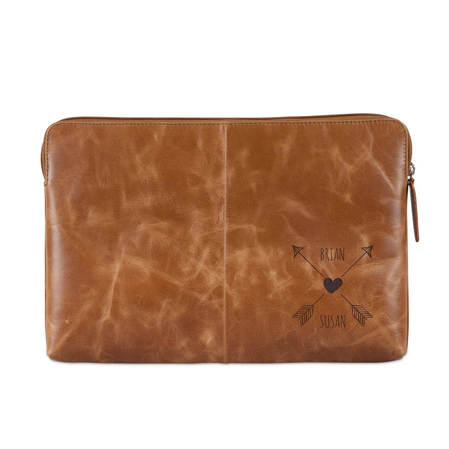 Engraved leather laptop sleeve