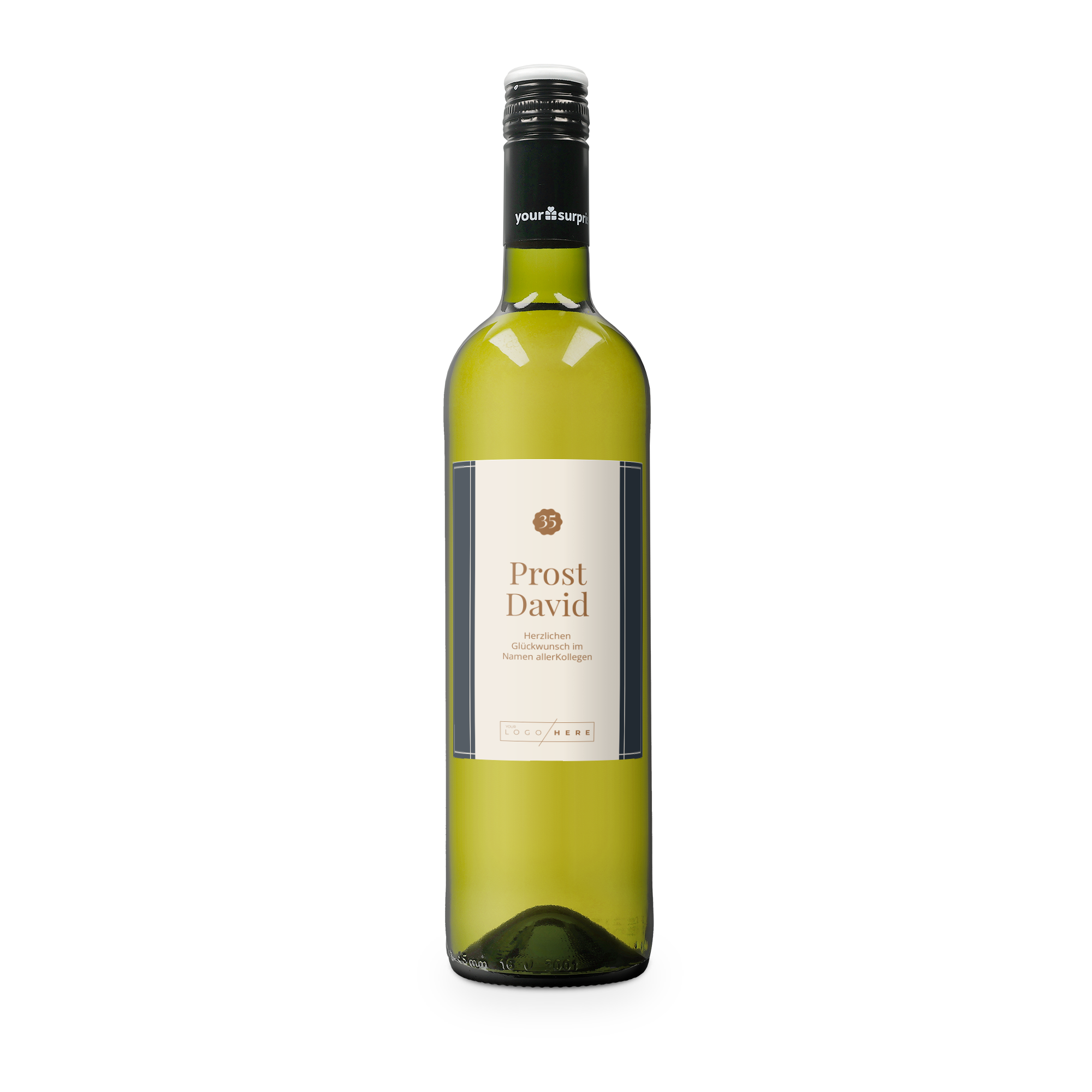 Weinflasche Maison de la Surprise Sauvignon Blanc mit eigenem Etikett, bedruckt mit "Prost David" und Glückwünschen.