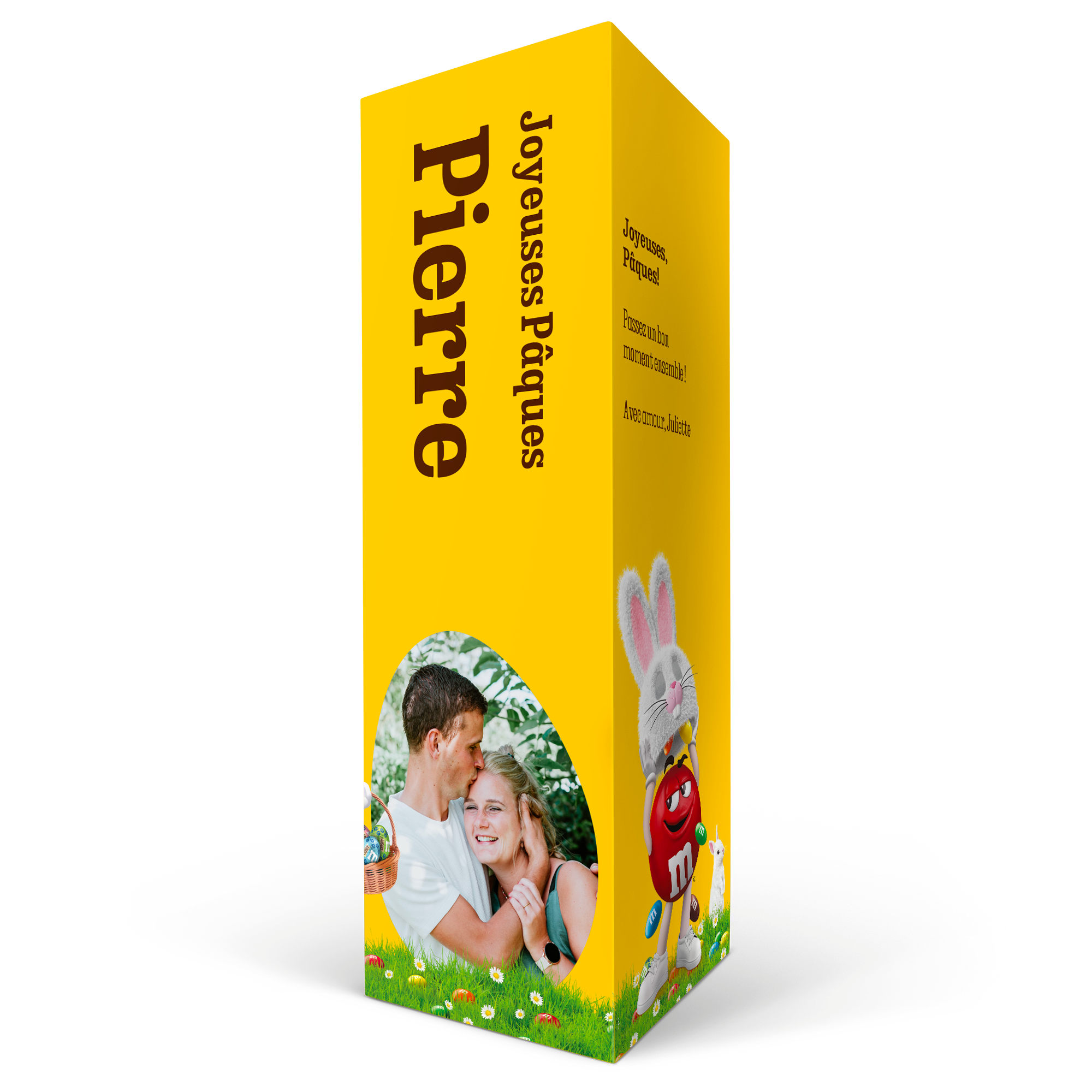Coffret cadeau M&Ms personnalisé avec photo imprimée et texte Joyeuses Pâques et Pierre