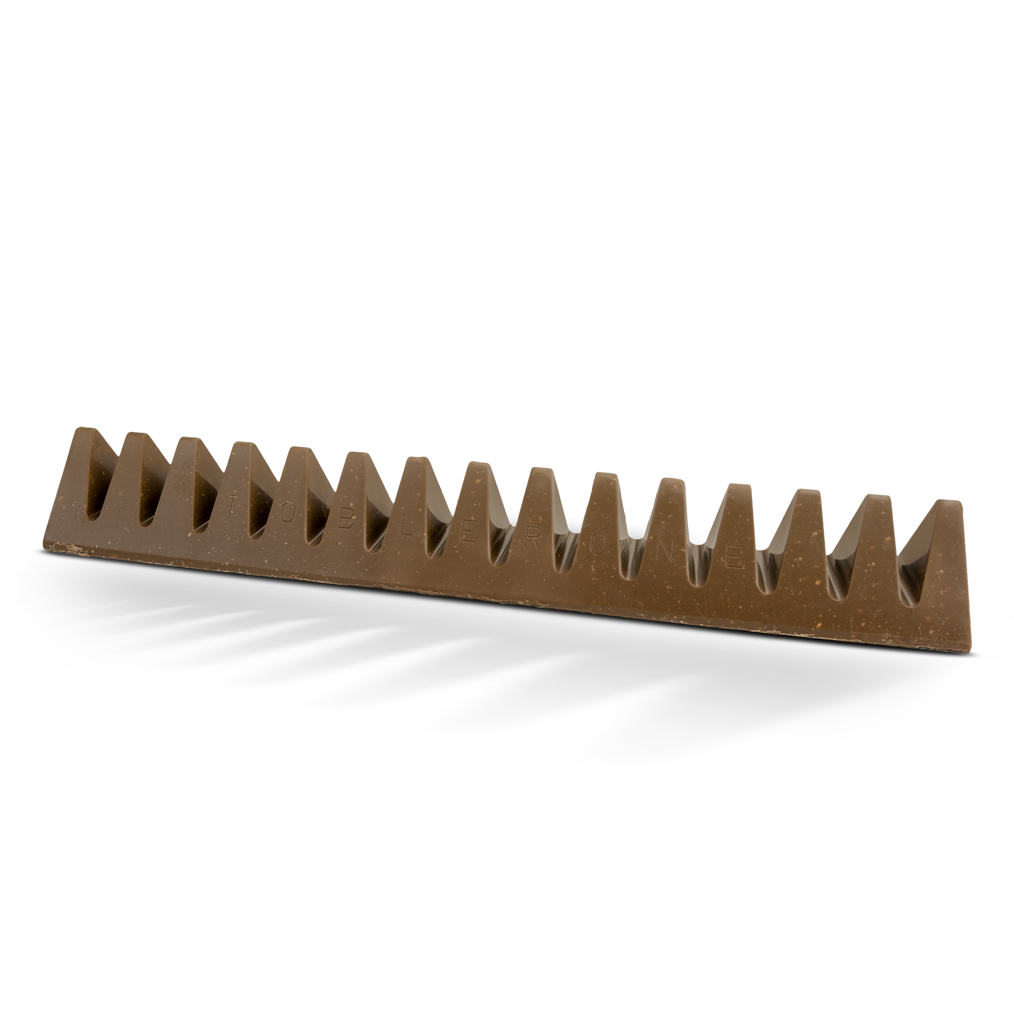 Unwrapped Toblerone chocolate bar with the word TOBLERONE molded into the milk chocolate for a personalized Toblerone chocolate bar