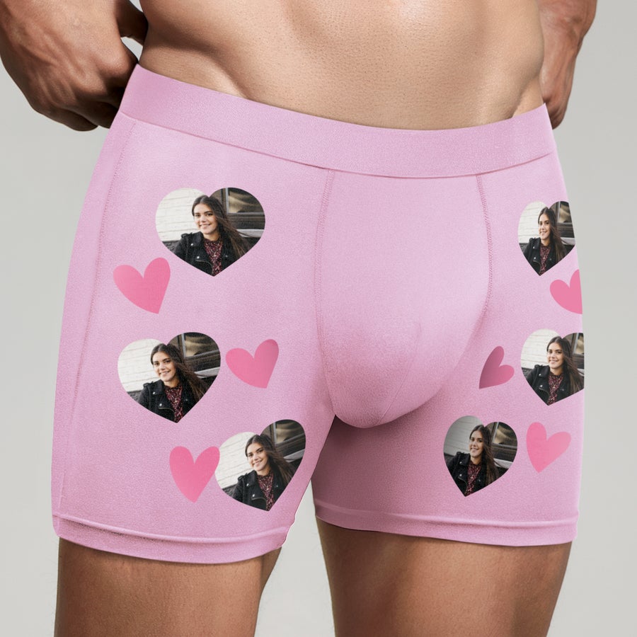 Boxers de homem com foto Boxers cor-de-rosa personalizados com fotos da namorada em corações, um presente divertido para ele