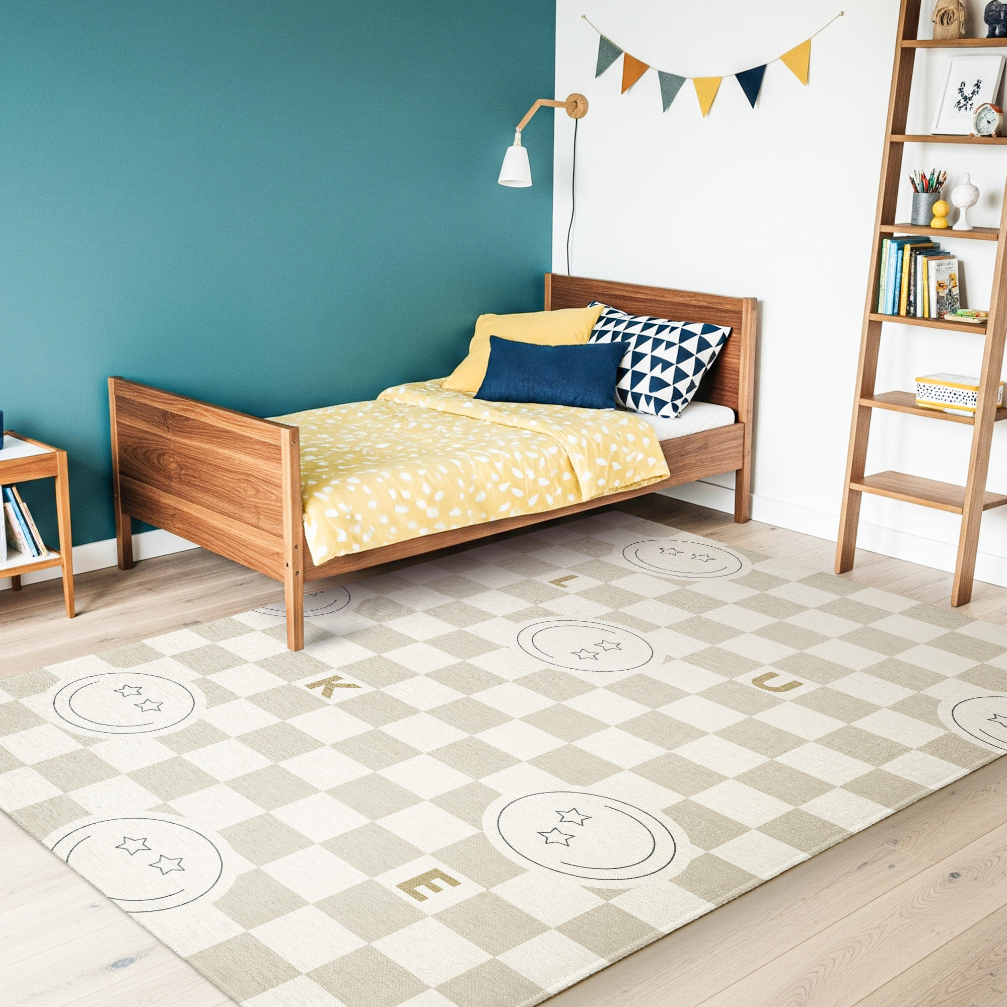 Wit-beige geblokt speelkleed met initialen en sterren, bedrukt voor een gepersonaliseerd speelkleed.