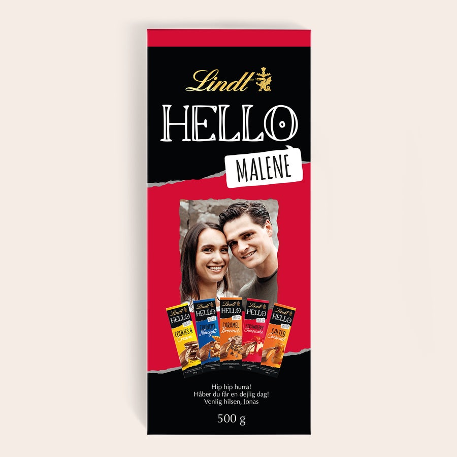 Mega Lindt Hello Chokolade Mega Lindt Hello chokolade personliggjort med billede af et par og navn Malene, samt hilsen fra Jonas.