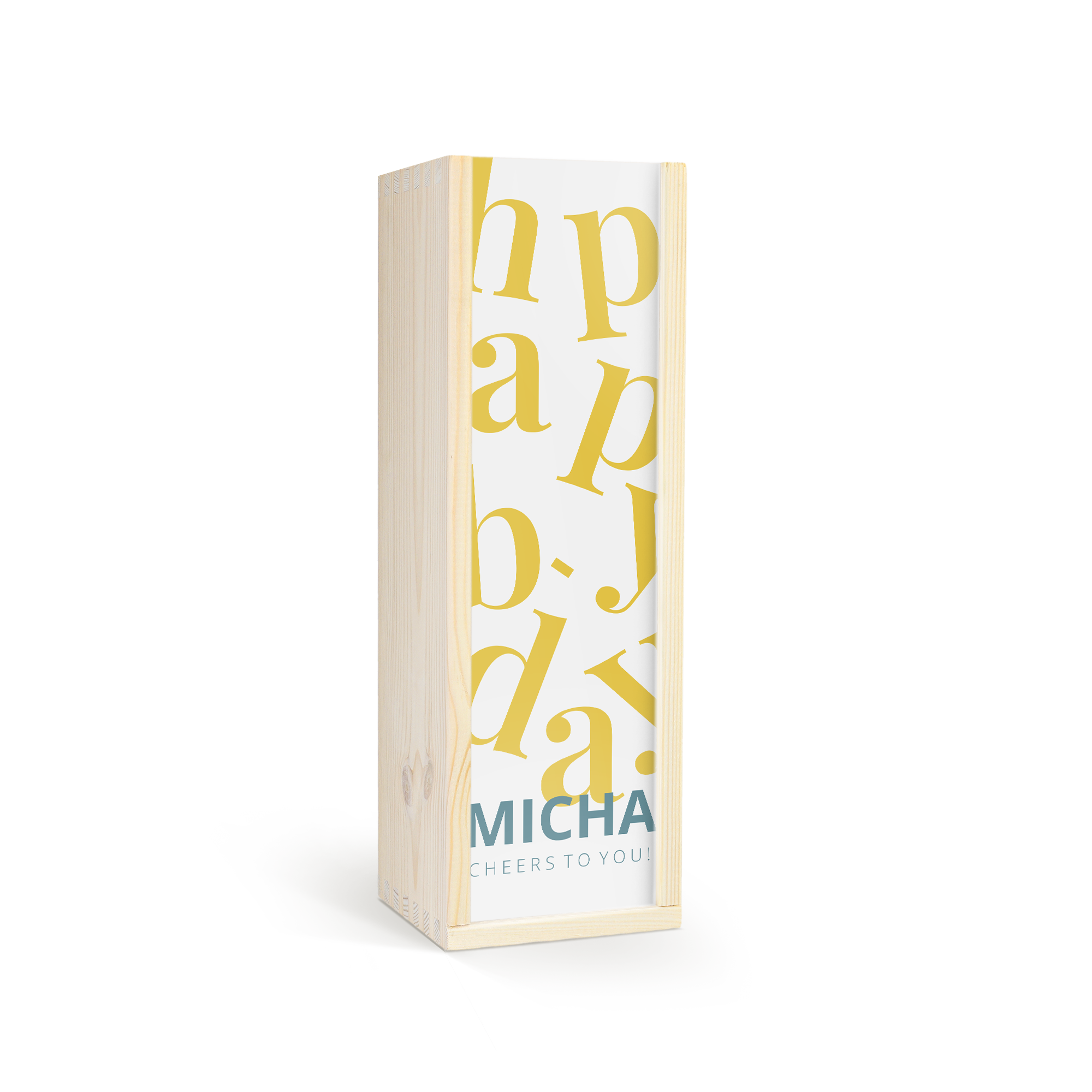 Personalizovaný drevený obal s potlačou Happy B-Day a menom Micha, skvelý na víno alebo šampanské.