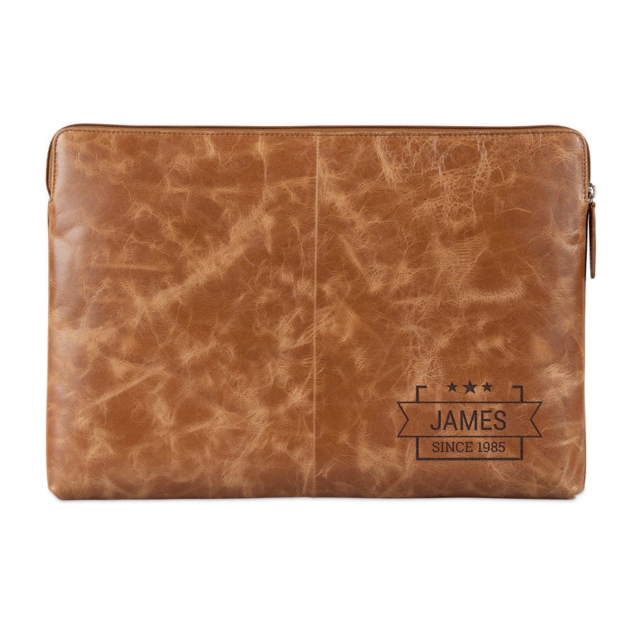 Engraved leather laptop sleeve