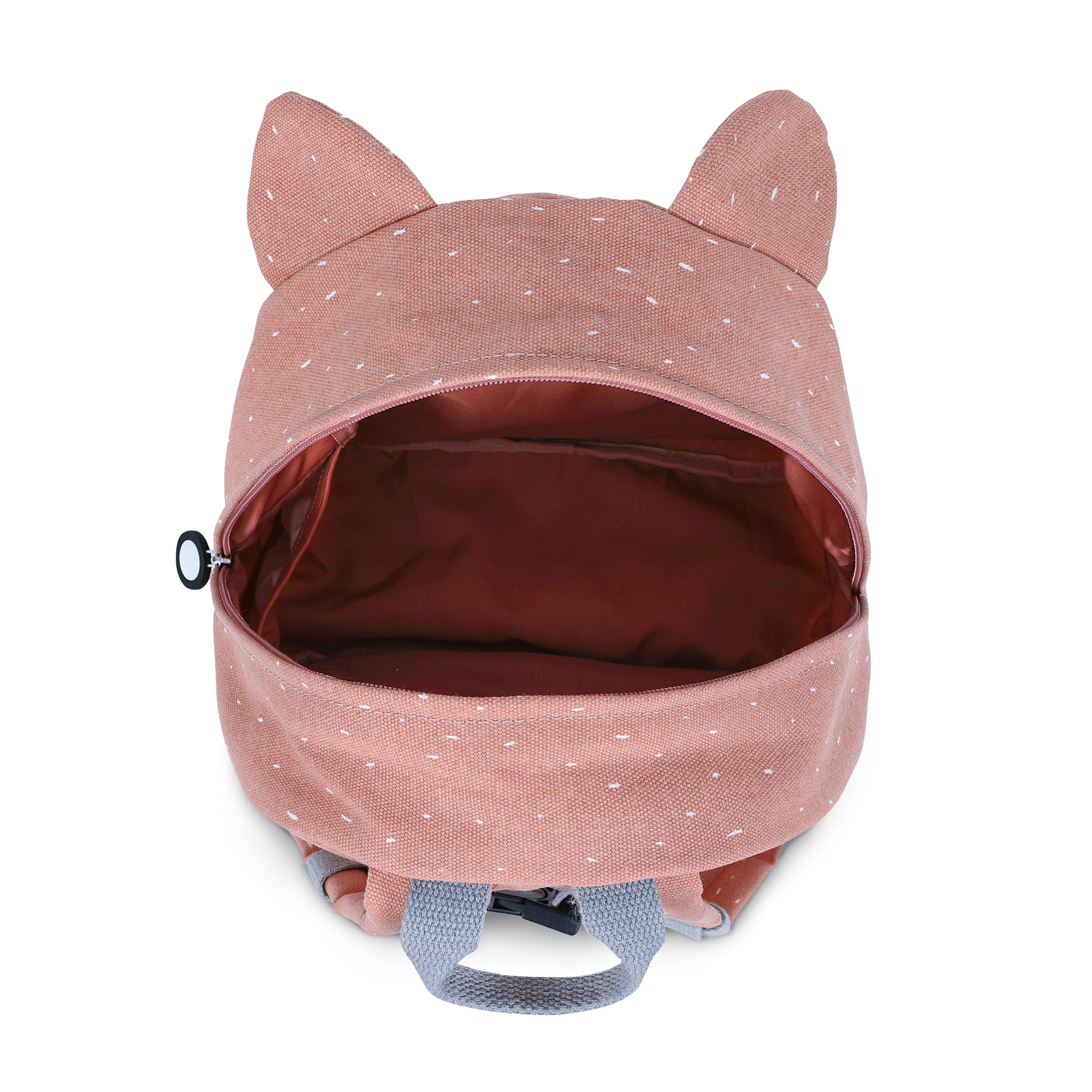 Roze bedrukte kinderrugzak met oortjes, open rits en handvat om zelf te personaliseren.