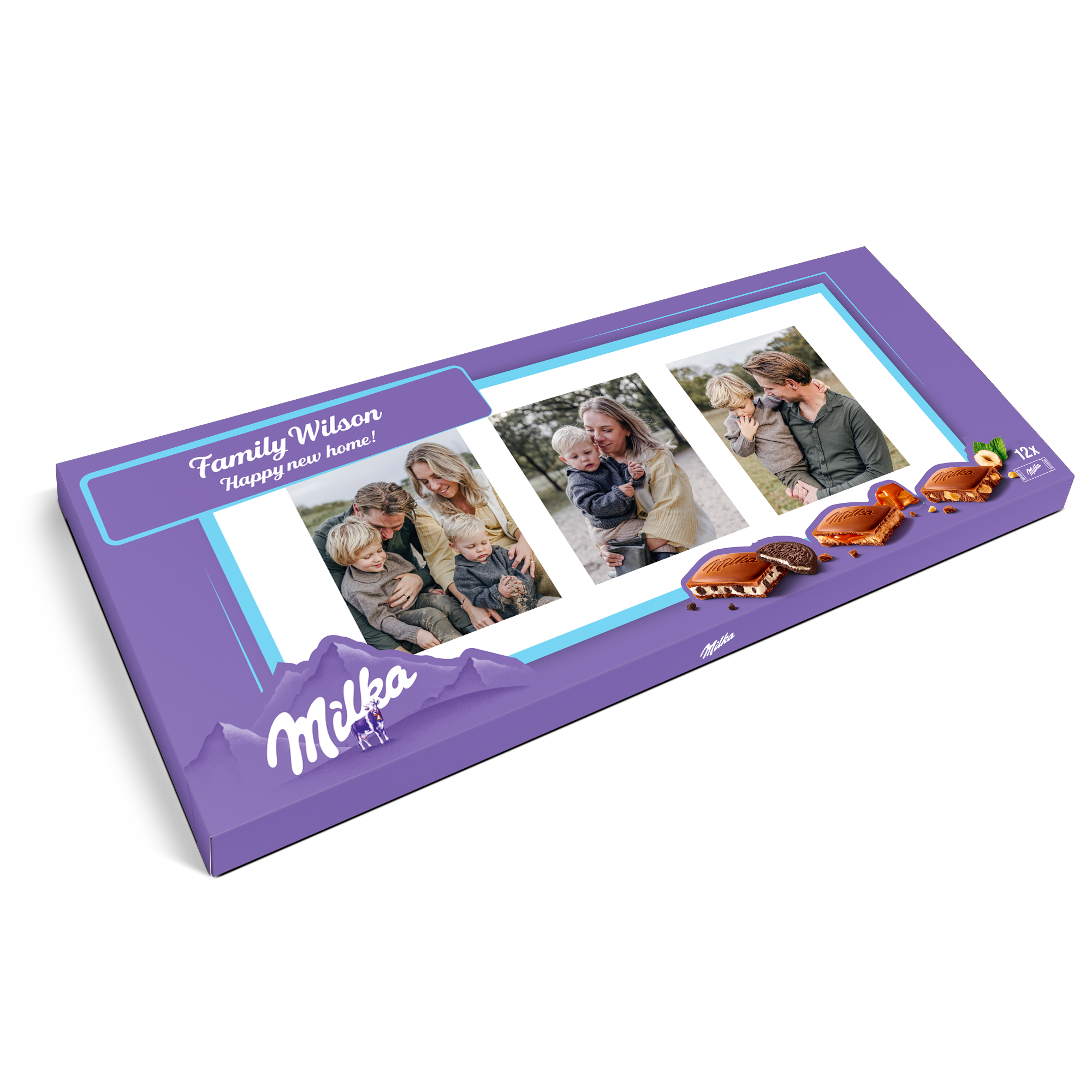 XXL čokoládová tyčinka Milka s obalom potlačeným fotkami a textom Family Wilson Happy new home!